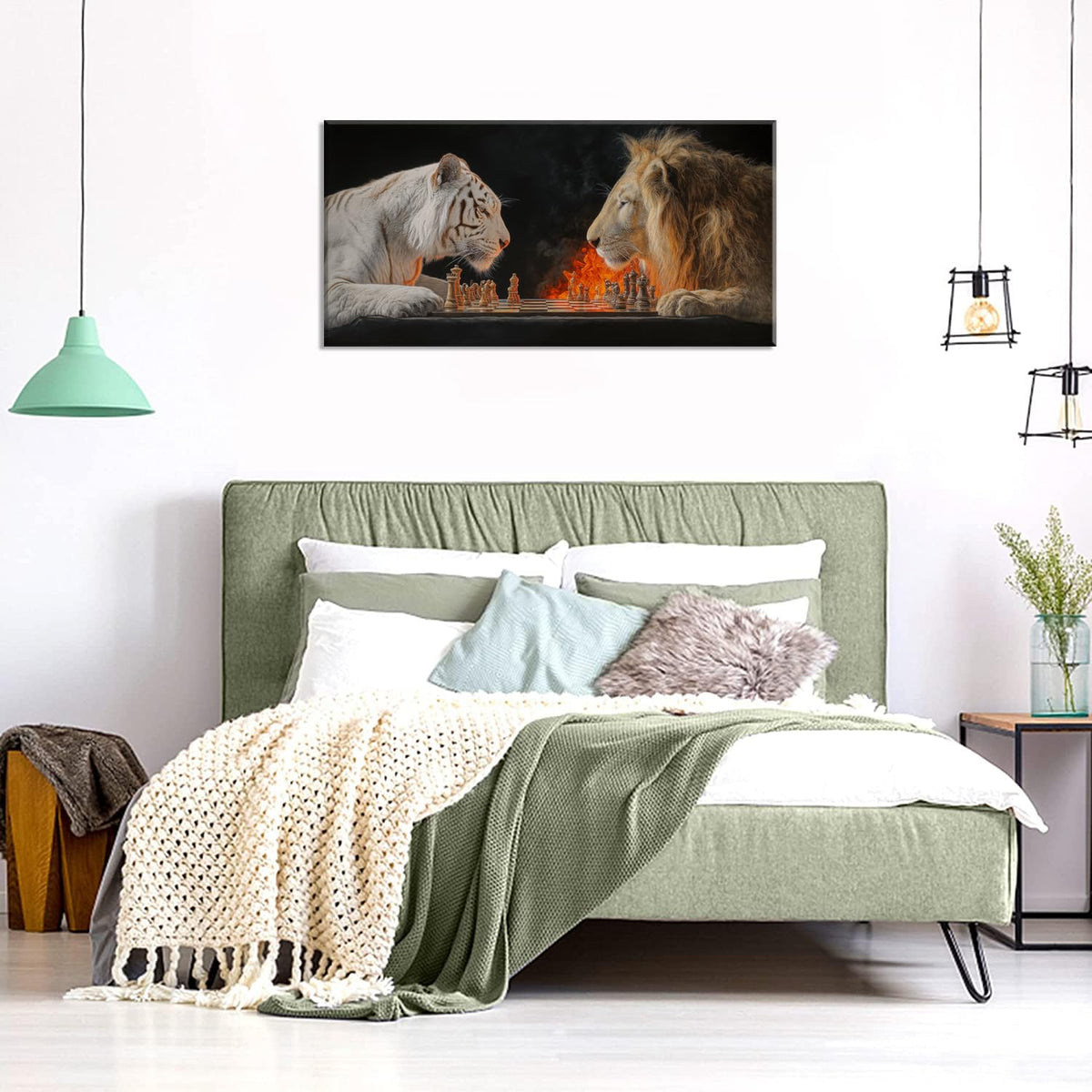 Gold Tiger Lion Chess Wall Art for Living Room Office Realistic Strategic Chess Match Symbolic Painting Prints Wildlife Canvas Artwork Dining Bedroom Decor (Abstract / White Gold Tiger Lion Chess Tree Wall Art / 40"L x 20"W)