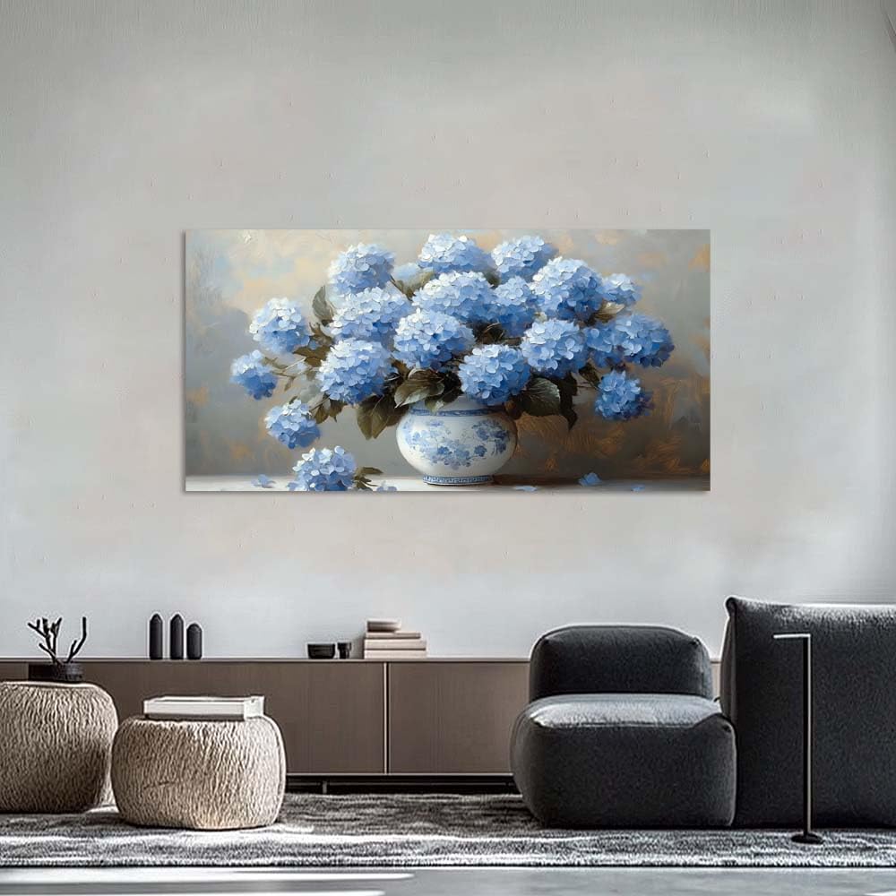 Blue Hydrangea Canvas Wall Art Floral Chinoiserie Vase Painting Flat Print Gallery Wrapped Classic Elegance Artwork for Living Room Bedroom Bathroom Decor (Bohemian / White Hydrangea Vase 2 / 40"L x 20"W)