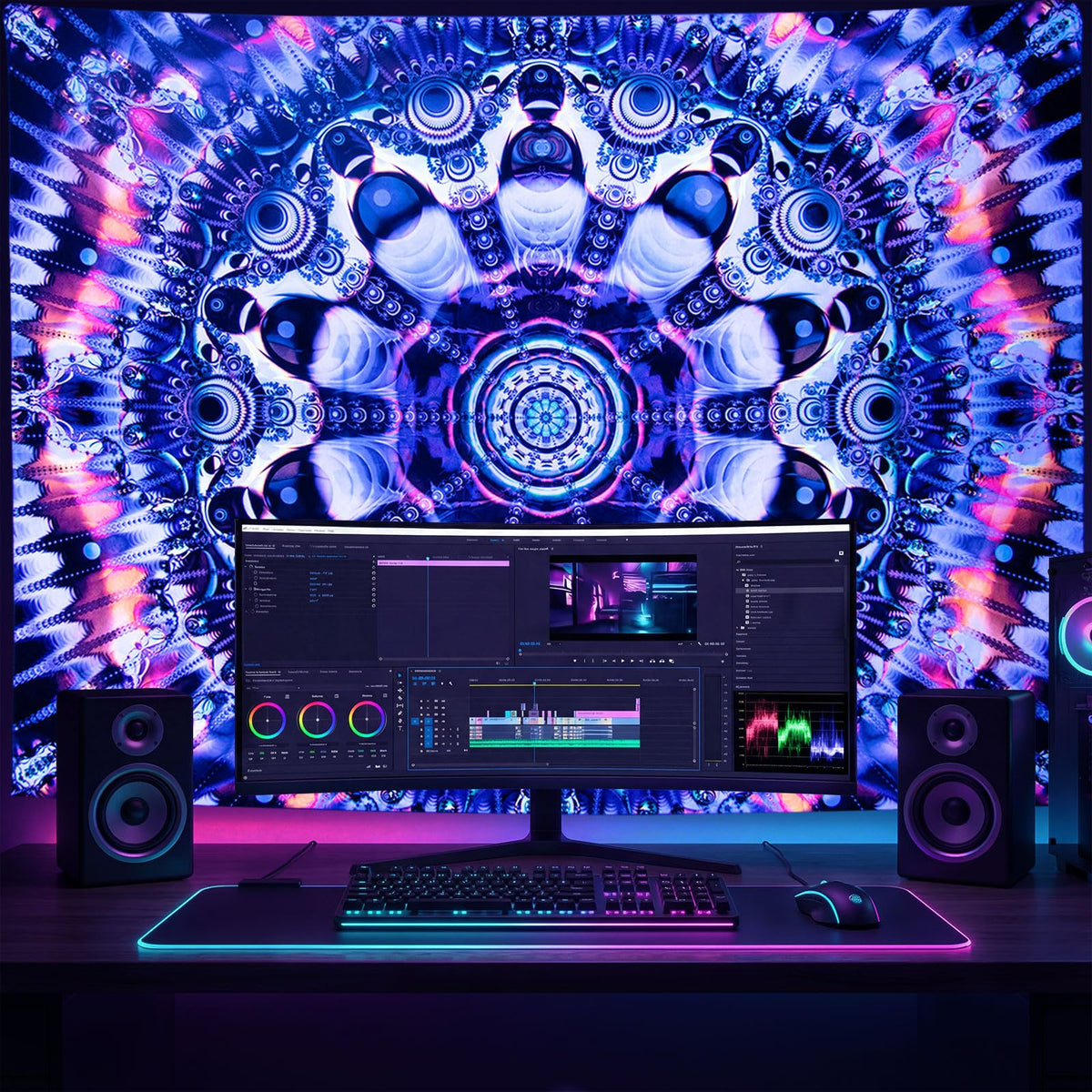 Blacklight Mandala Tapestry for Bedroom (Mandala Tapestry Blue / 59"L x 51"W)