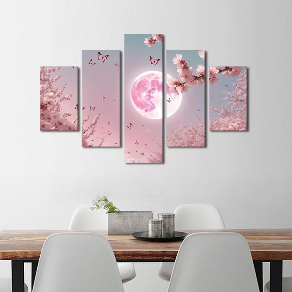 Canvas Wall Art Premium Whispering Moon And Cherry Blossoms Large Framed Poster Minimalist Asian Decor Bedroom Wall Display Five Panel Poetic Night Artwork 60" Wx40 H‌ (60''Wx40''H / Artwork-10)