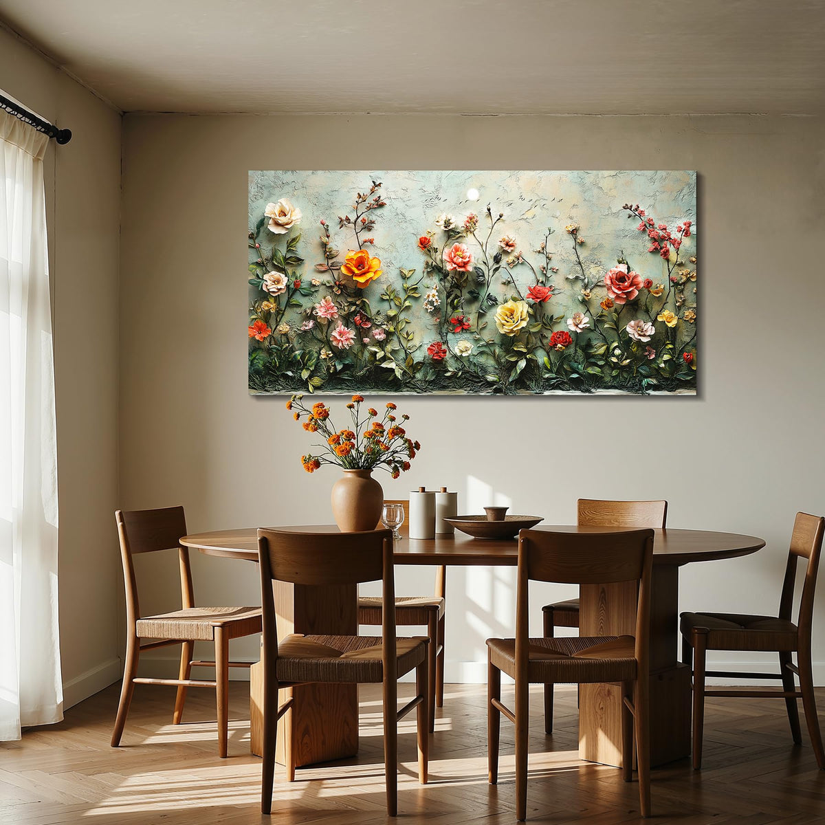 Floral Oversized Wall Art French Country Romantic Rose Retro Decor (Rose Manor / 57"L x 29"W)