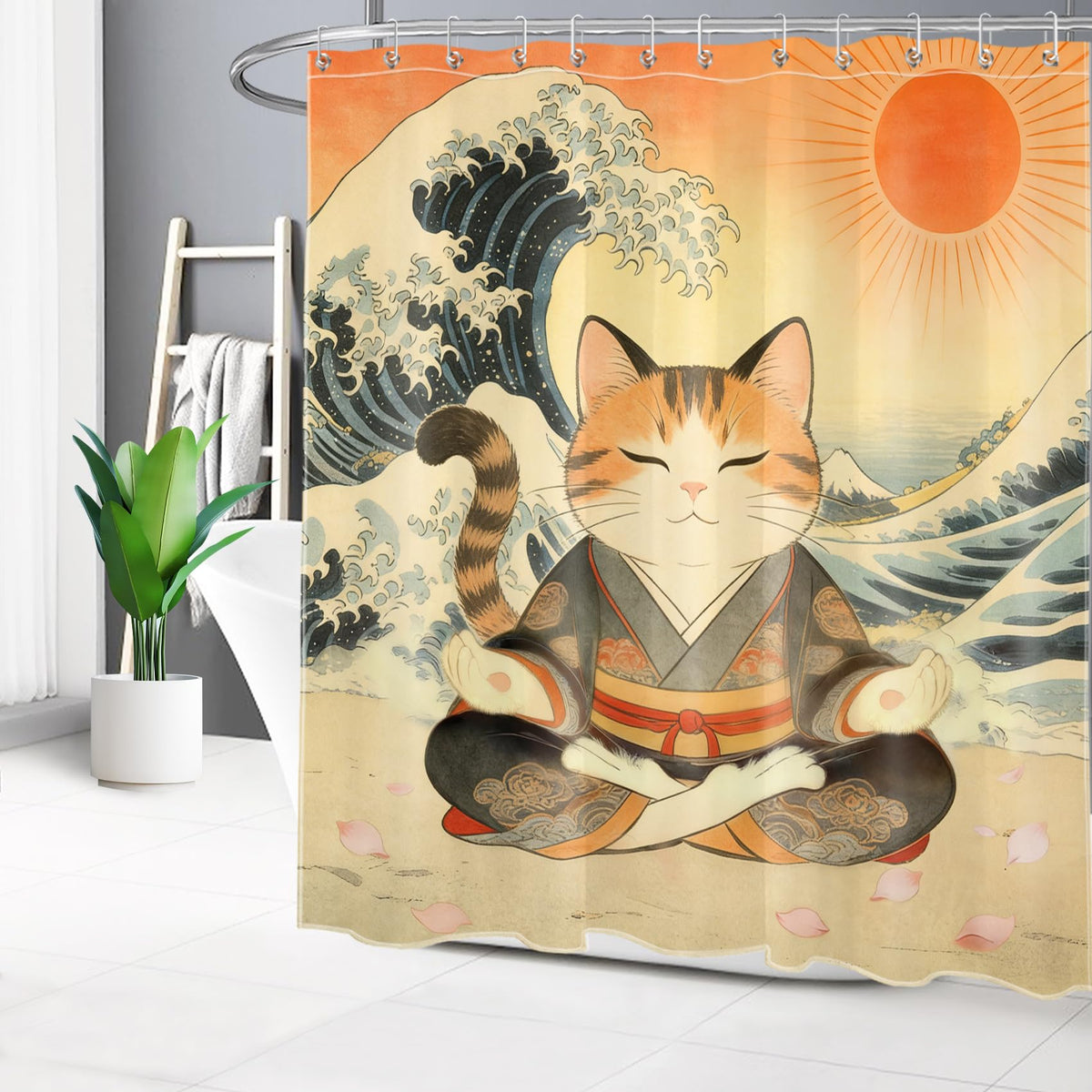 Funny Japanese Cat Shower Curtain for Bathroom (Orange / 72"W x 72"L (Pack of 1))