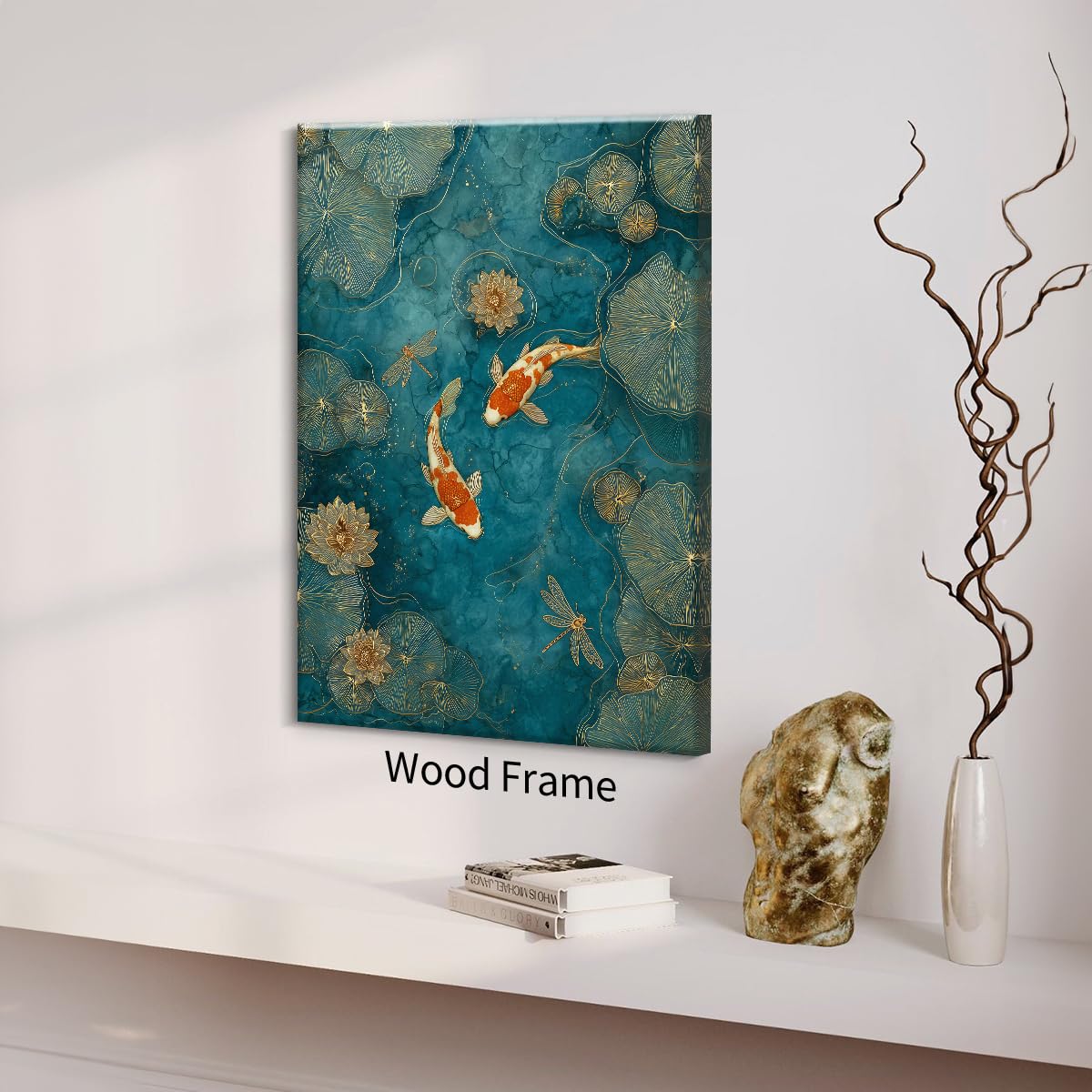 Japanese Koi Fish Zen Framed Canvas Wall Art Traditional Oriental Asian Prints 20x30 inch Elegant Emerald Green Pond Koi Fish Posters for Office Home Bedroom Meditation Yoga Spa Room Decor (Wrapped Canvas / Japanese Posters / 30"L x 20"W)