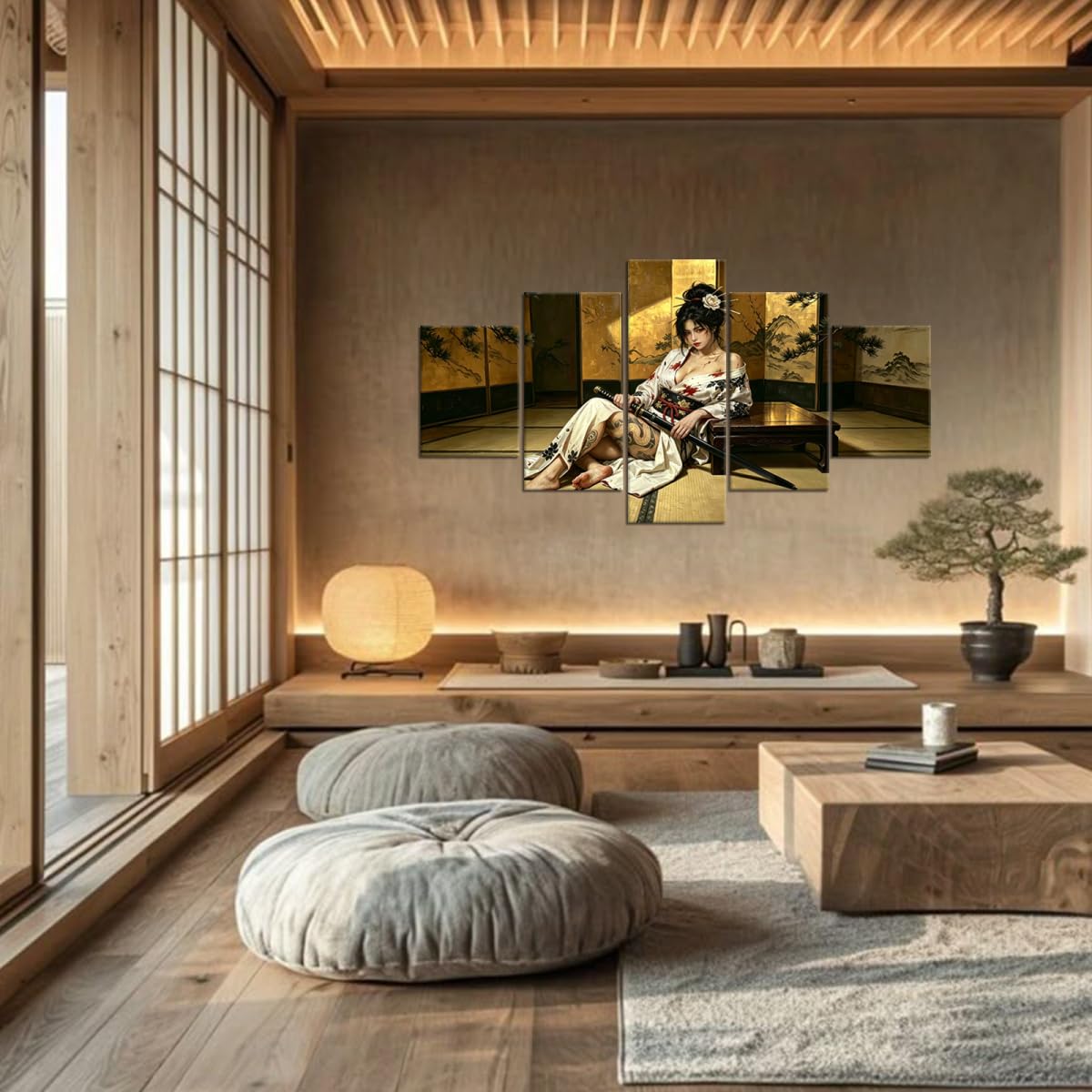 Japan Geisha Poster Samurai Wall Art for Office Wall Decor Prints Framed (50"Wx24"H / Samurai 5P-35)