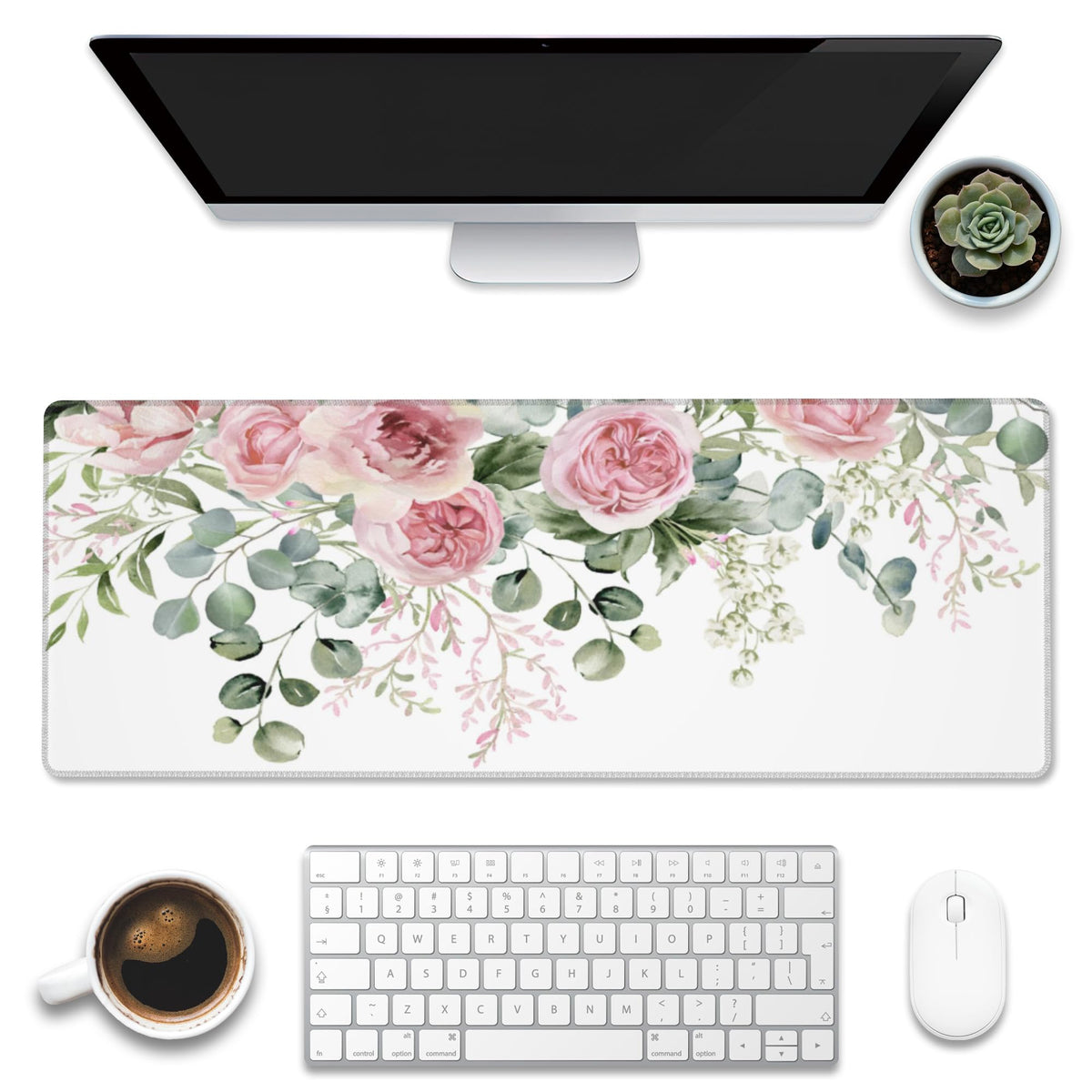 Desk Mat Peony Flowers and Eucalyptus Leaves Large Gaming Mouse Pad for Desk XL (11.8" x 31.5" / Peony Flowers and Eucalyptus Leaves)
