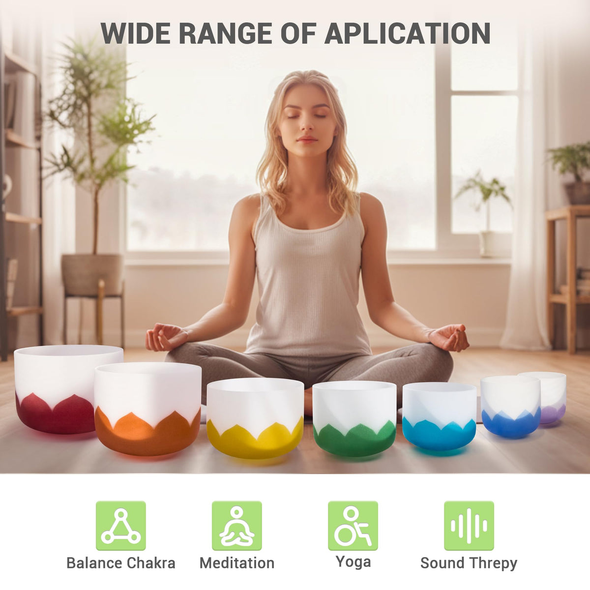 432Hz 6 12 Inch Set of 7 Lotus Quartz Crystal Singing Bowls with Gradient Colored Design (Set of 7 size, 6-12", A-G Note 432 hz / Lotus color)