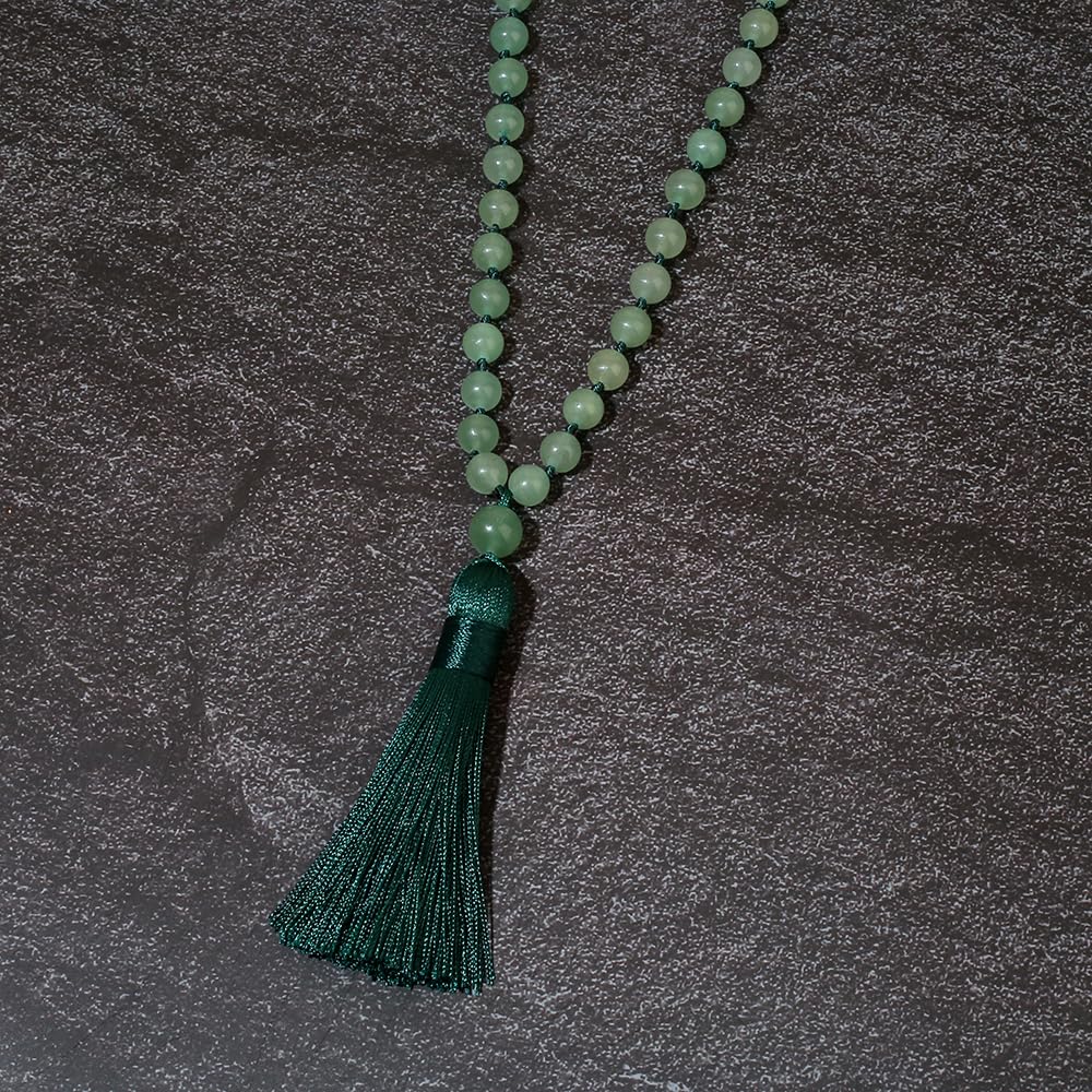 8mm Natural Stone Beads Knot 108 Mala Necklace Meditation Prayer Jewelry for Men and Women (Green Aventurine)