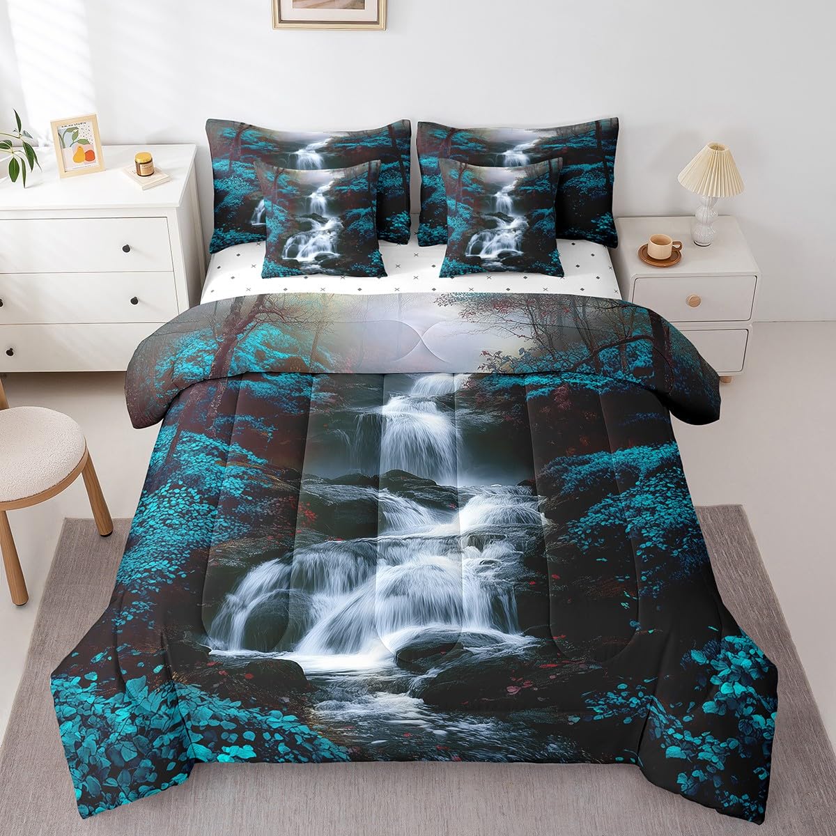 Waterfall Comforter Set with Sheets King Size Kids Chinese Style Zen 7 Piece Bedding Set All Season Teens Nature Scenery Bed in A Bag Breathable Soft Lightweight Ocean Blue Room Decor (Ocean Blue / King)