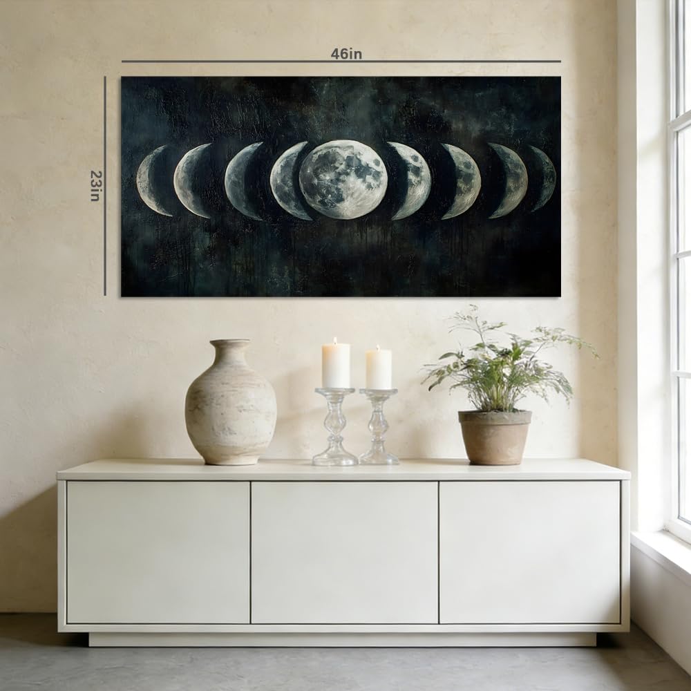 Moon Phase Canvas Wall Art Lunar Cycle Celestial Painting Flat Print Gallery Wrapped Dark Moody Artwork for Living Room Bedroom Bathroom Decor (Mysterious / Black Moon Phases 36 / 40"L x 20"W)