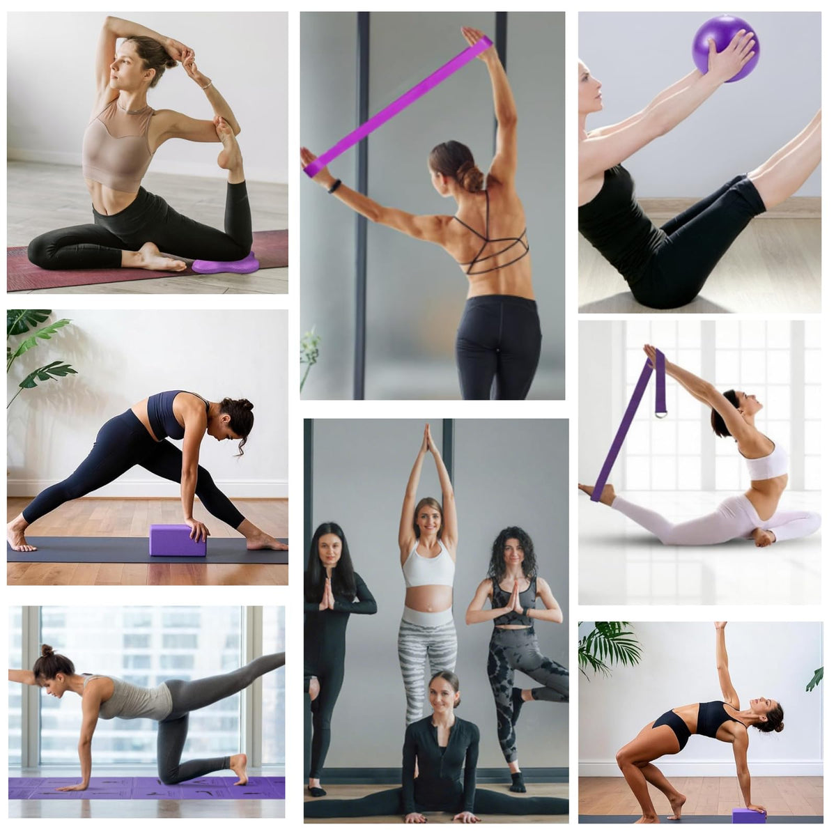 Foldable Non Slip Yoga Mat and Blocks Set for Women (Purple)