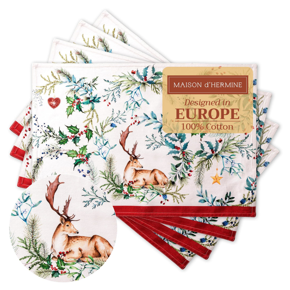 Placemats Set of 4 Reusable 100% Cotton (004 - Holly Time / 13" X 19" (Pack of 4))