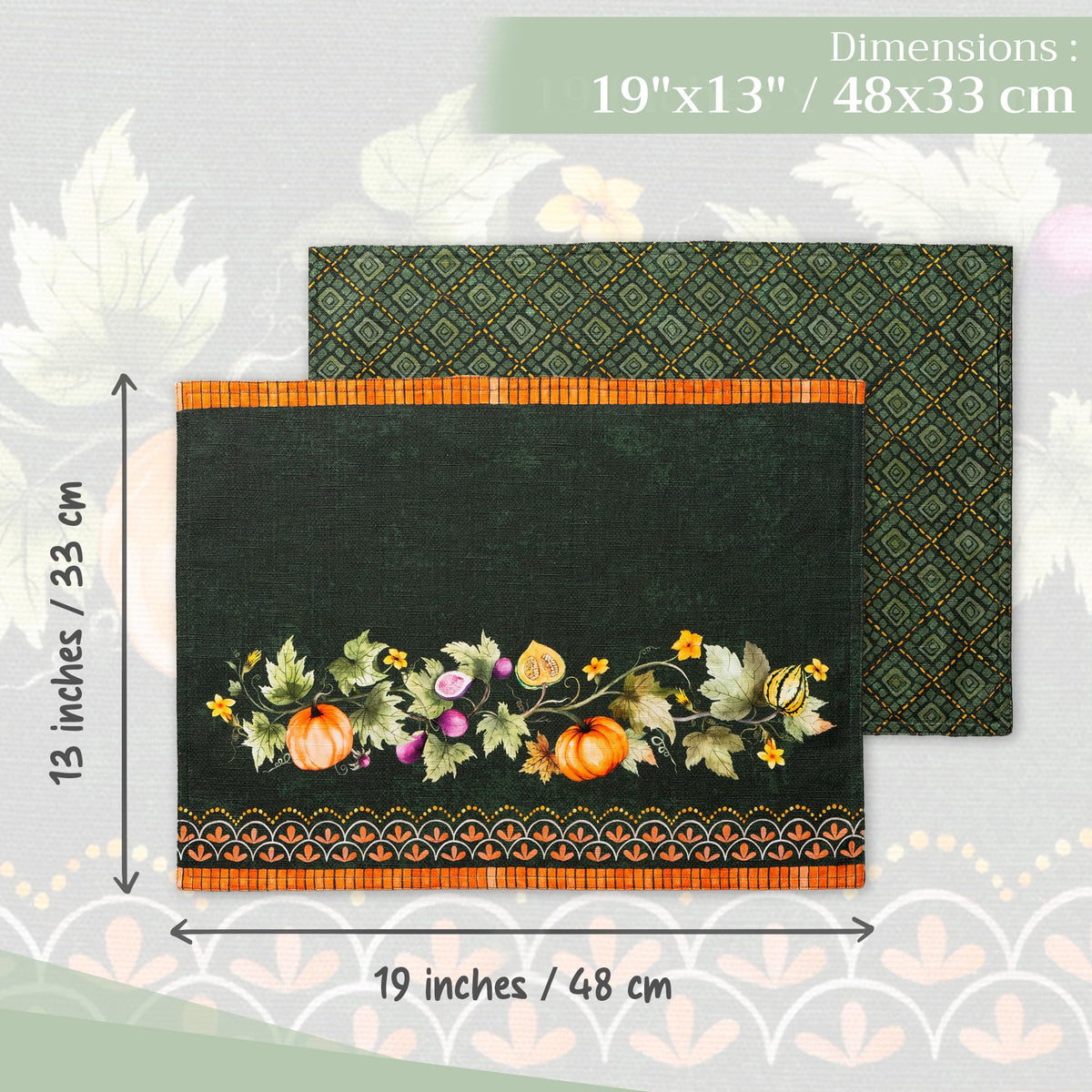 Placemats Set of 4 Reusable 100% Cotton (044 - Pumpkin Garden - Dark Green / 13" X 19" (Pack of 4))