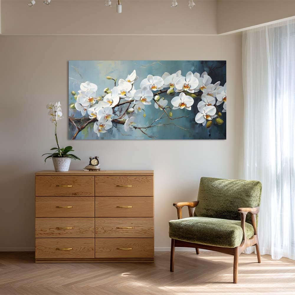 White Orchid Canvas Wall Art Floral Branch Painting Light Blue Background Flat Print Gallery Wrapped Botanical Artwork for Living Room Bedroom Bathroom Decor (Mysterious / White Orchid Blossom 30 / 58"L x 28"W)