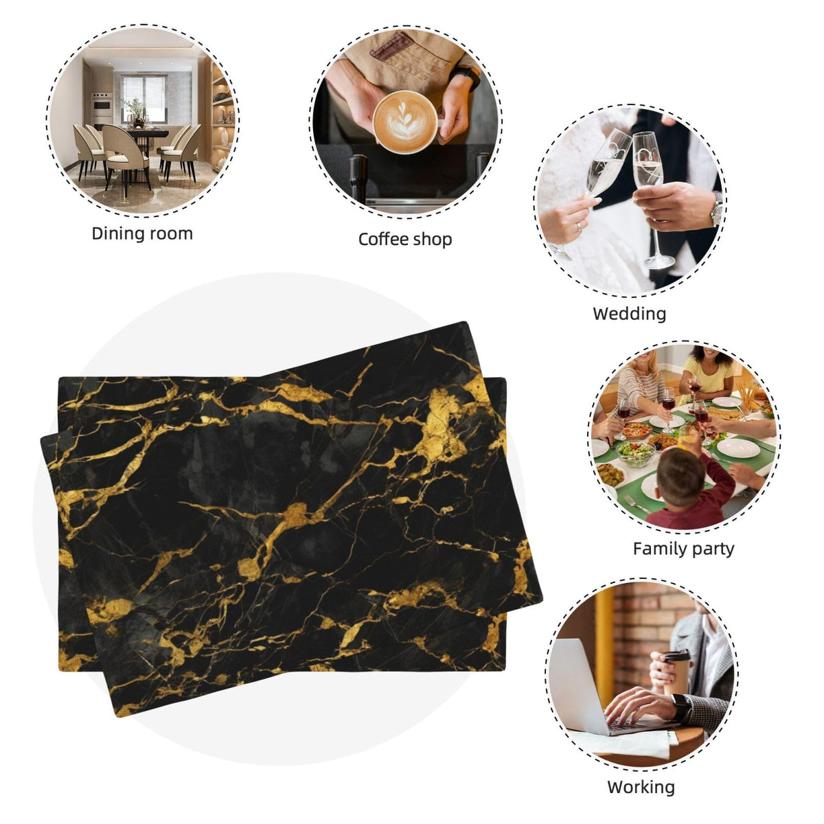 Placemats Black Gold Marble Place Mat Set of 6 Pieces Heat (6PCS / Black Gold Marble)