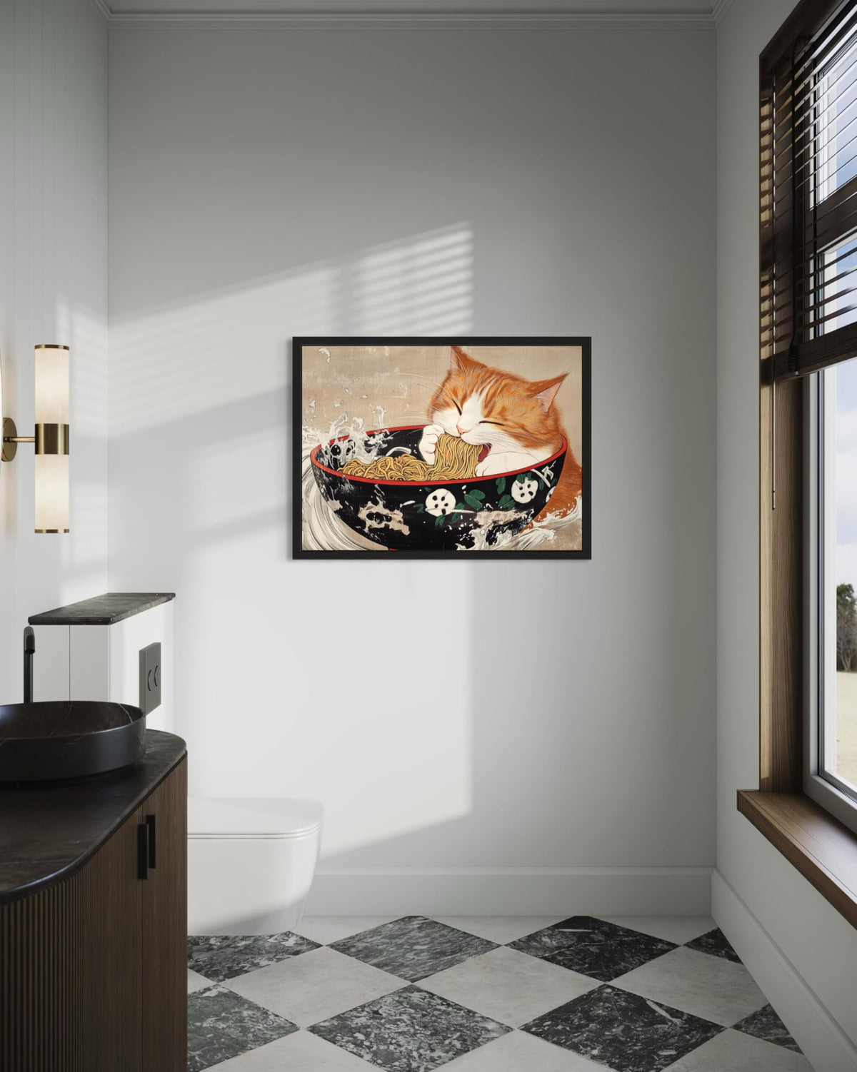 Cat Eating Ramen Framed Wall Art Print Poster (Cat Eating Ramen / 24"L x 18"W)