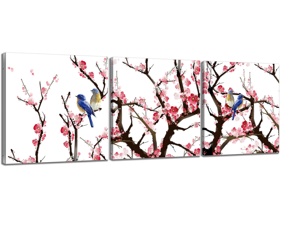 Small Size Traditional Chinese Painting of Birds on Peach Trees Canvas Prints 3 Panels Wood Framed Peach Blossom Wall Art Plum Flowers Print Painting 20x20inches 3pcs (Pink / 20x20 inches (3 pieces))
