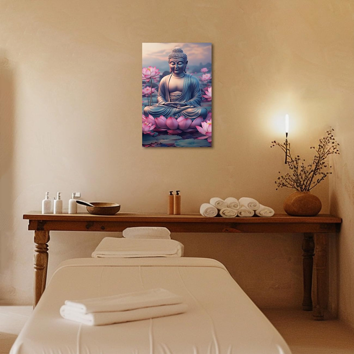 Buddha Canvas Wall Art Zen Picture Lotus Flower Painting Buddha Statue Prints Pink Floral Artwork Meditation Buddhist Artwork Prayer Room Decor Frame (Pink / 36L" x 24W")