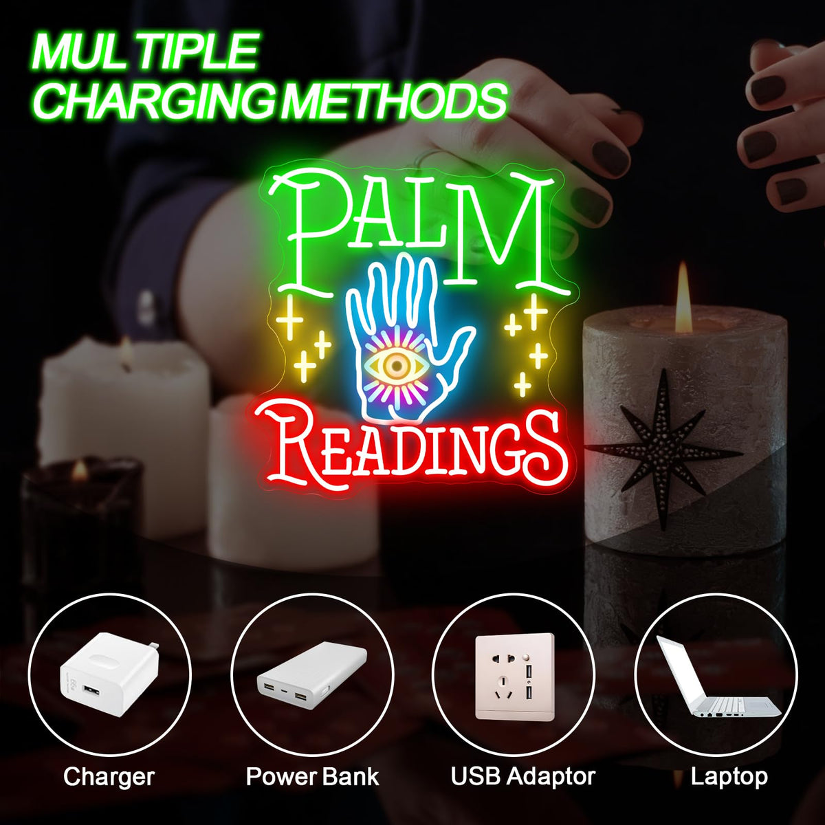 Palm Readings Neon Sign for Psychic Shop Fortune Teller Mystical Wall Decor (Palm Readings)
