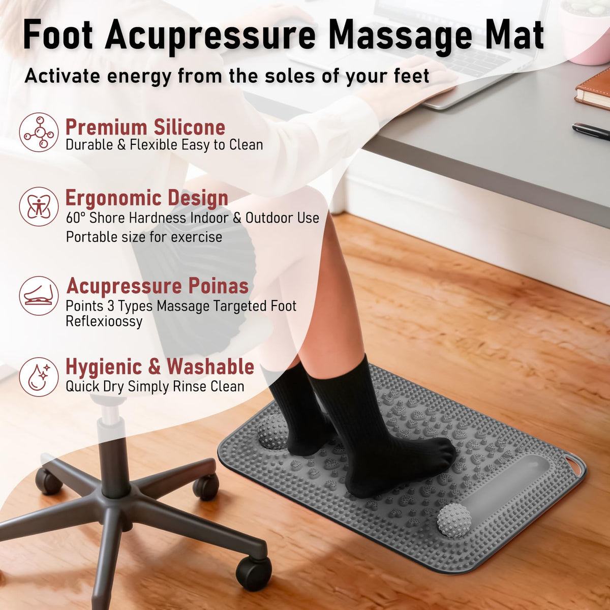 Acupressure Foot Massage Mat & Massage Balls 2 for Body Plantar Fasciitis (22.4x14.2" Grey)