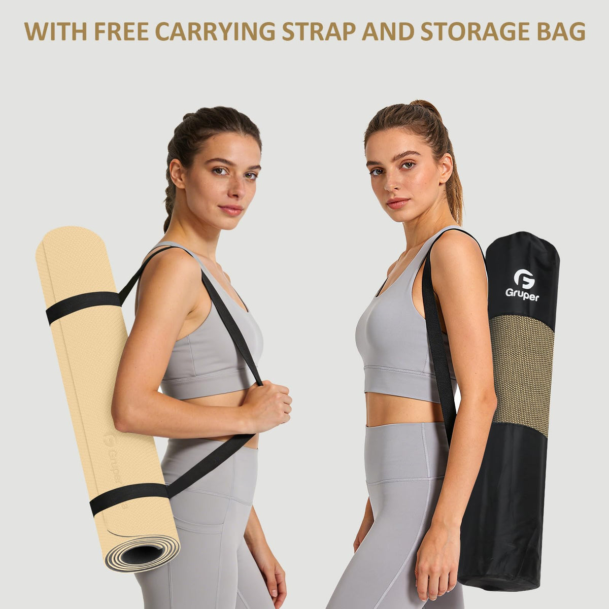 Yoga Mat Non Slip (Beige & Black / 0.24*24*72 Inches)