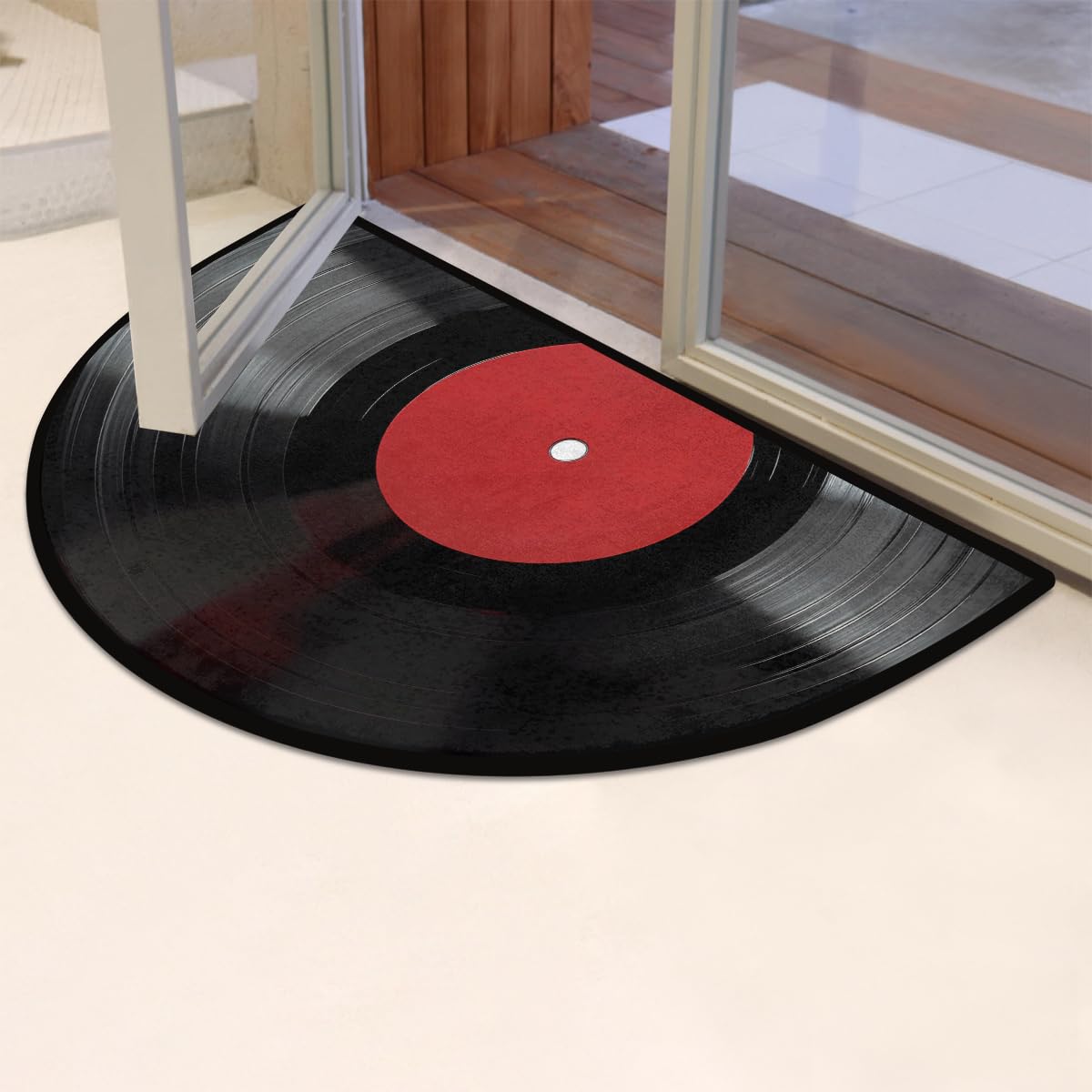 Music Vinyl Record Half Round Door Mat Indoor Entrance Low Pile Non Slip Absorbent Semi Circle Welcome Mats Doormats 36x24 in Floor Mats for Home Kitchen (Black Red Vinyl Record)