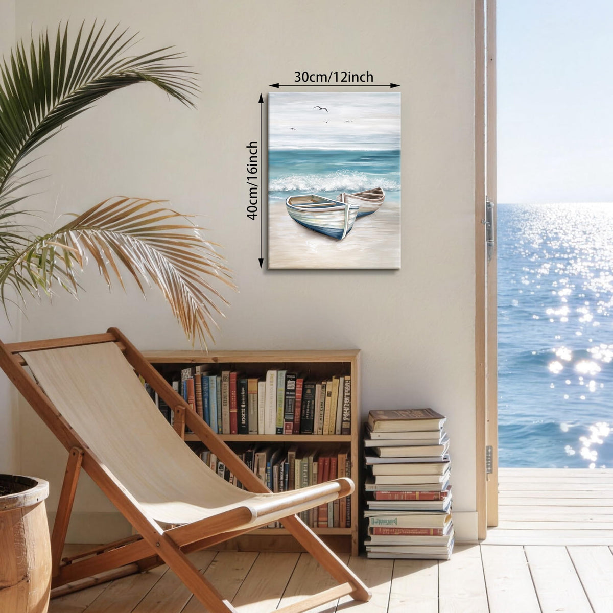 Beach Coastal Canvas Wall Art Beach Wall Art Painting 12"x16" (Nautical Boat on Beach / 16"L x 12"W)