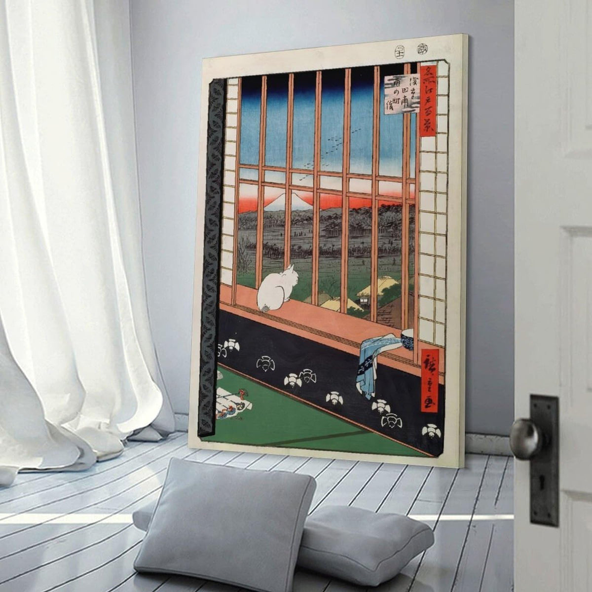 Hiroshige Asakusa Ricefields White Cat Japanese Ukiyoe Landscape Canvas Printing Wall Art Prints Wall Decor Posters Zen Vintage Style for Living Room Bedroom Home Office Gallery 24x36inch (style-4 / 24x36inch(60x90cm) Frame)