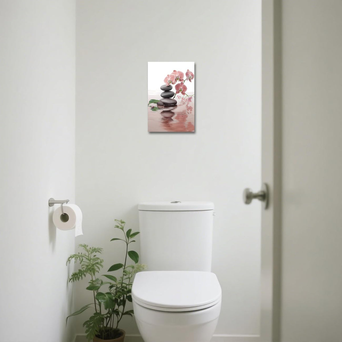 Zen Bathroom Wall Art Orchid Flower with Zen Stones Pictures Spa Painting Still Life Canvas Prints for Meditation Spiritual Room Decor Framed (Red / 24L" x 16W")