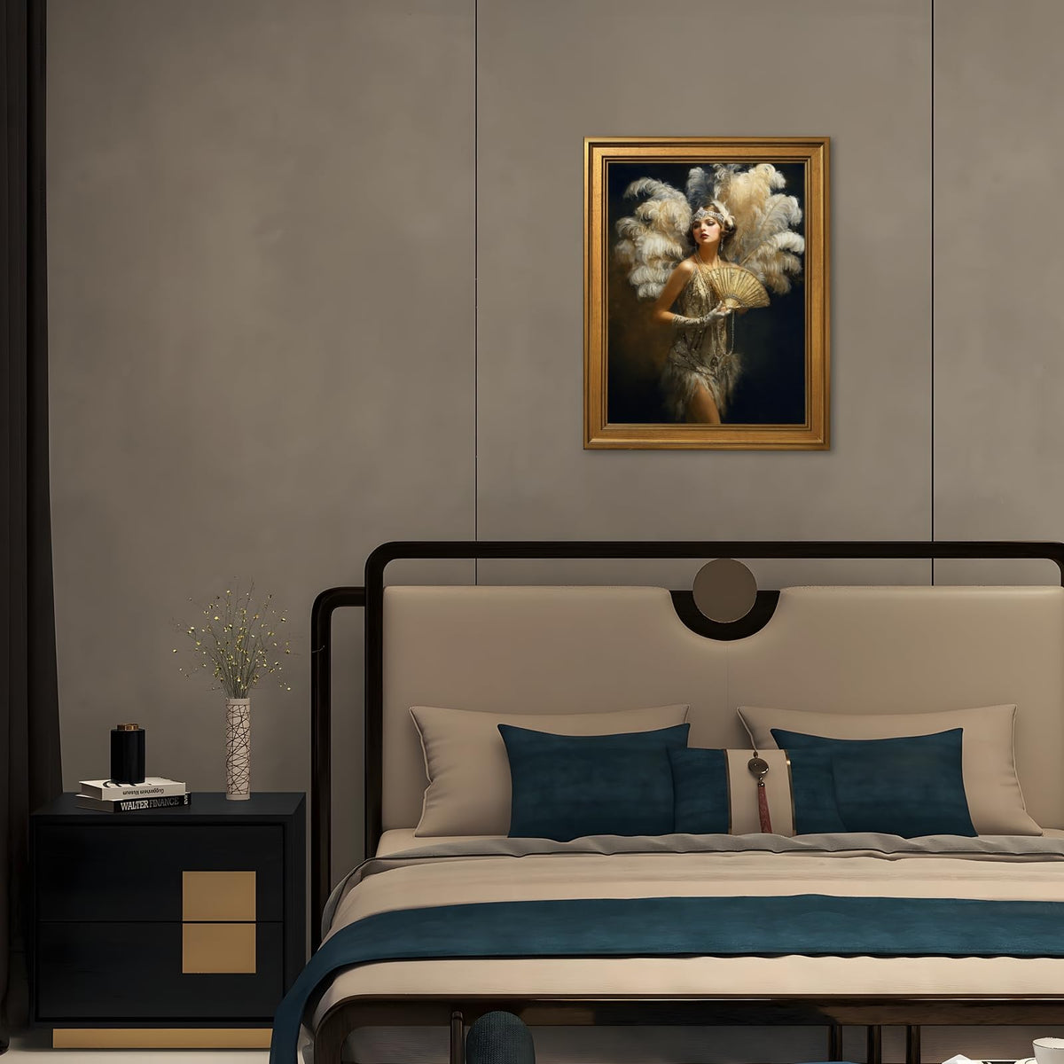 Vintage Burlesque Wall Art Canvas Prints 1920s Showgirl with Feathered Fan and Costume Painting Pictures Elegant Woman Poster Art Deco for Living Room Bedroom Home Decor 24x36inch Golden Frame (style-4 Vintage Golden frame / 24"L x 36"W)