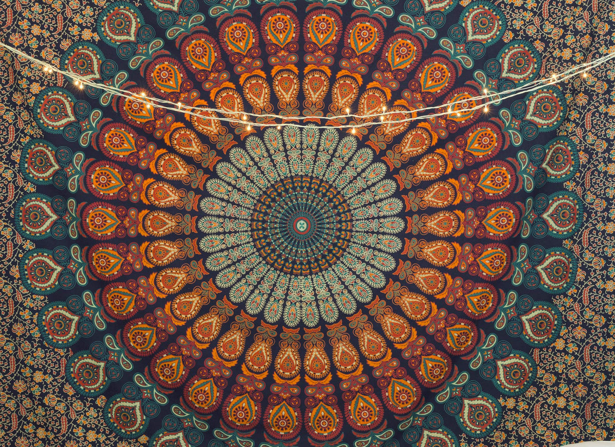Hippie Mandala Bohemian Psychedelic Intricate Floral Design Indian Bedspread Magical Thinking Tapestry 84x90 Inches (90"L x 84"W / Multicolor)