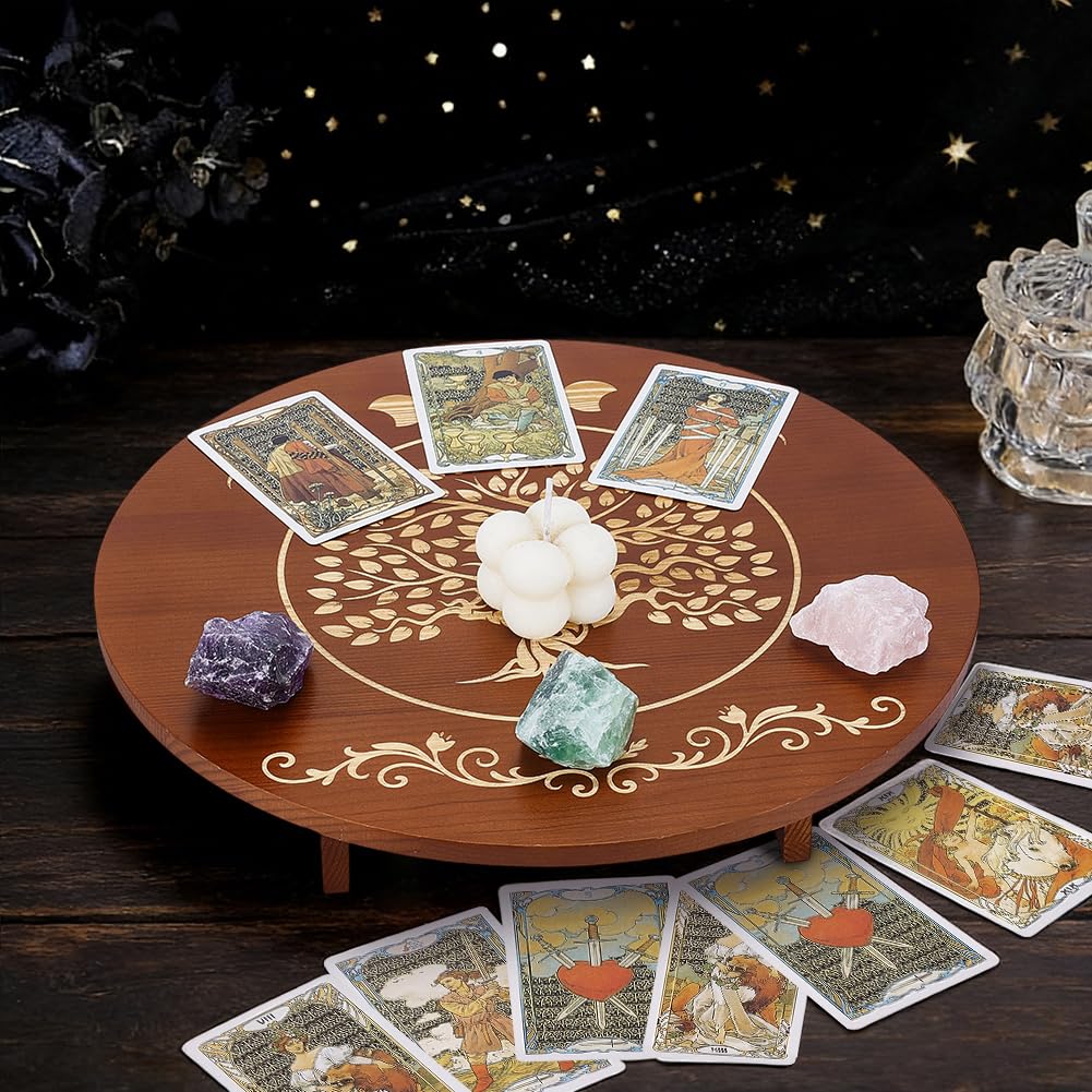 Altar Table 11.8x2.7 Inch Round Wooden Meditation Table Engraved Moon Tree of Life Patterns Wiccan Tables for Room Engraved Mystic Decor Witchcraft Supplies Buddhist Alter (11.8x11.8 inch)