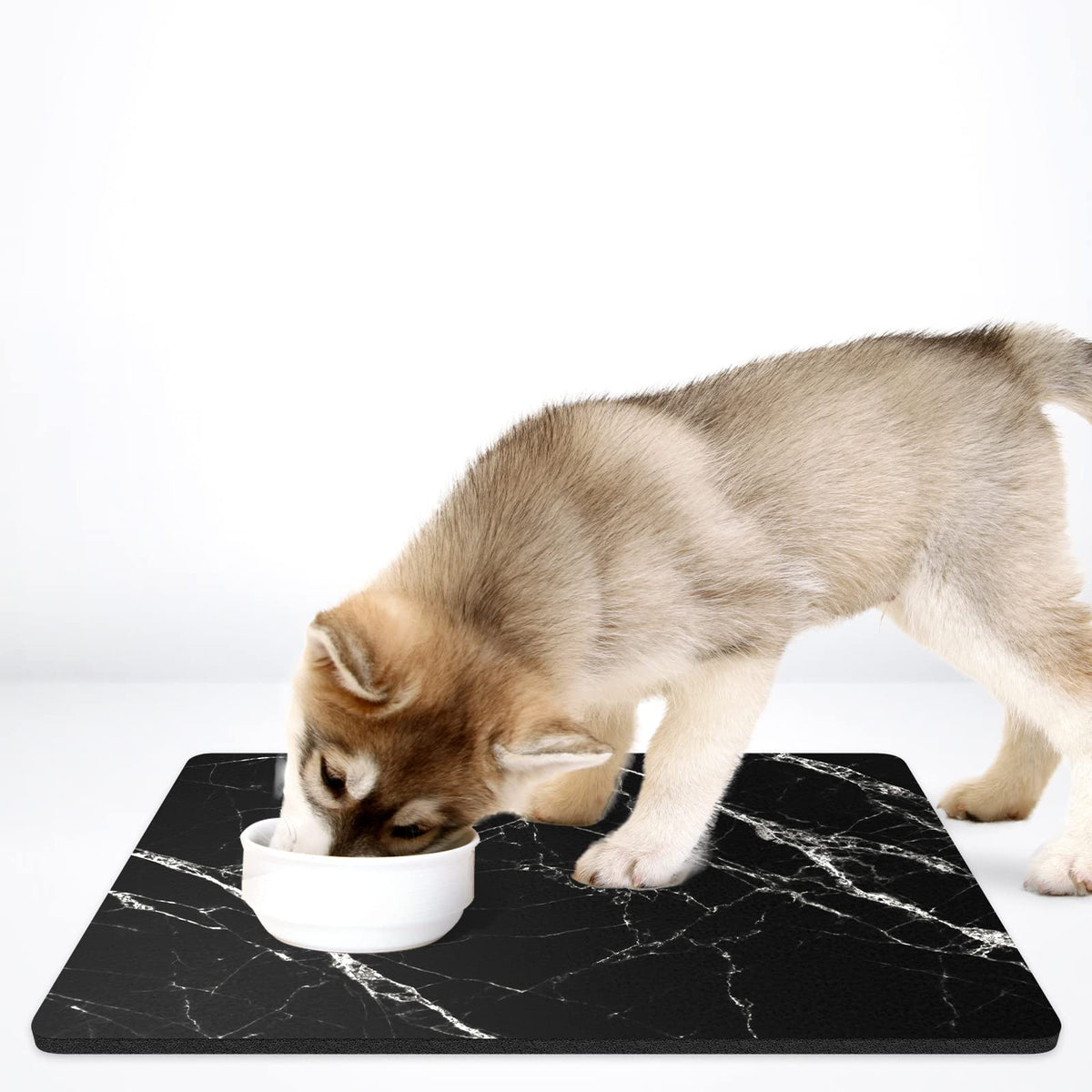 Dog Food Mat 16" x 24" Marble Absorbent Dog Cat Bowl Mat for Food and Water (Black Marble / 16"L x 24"W)