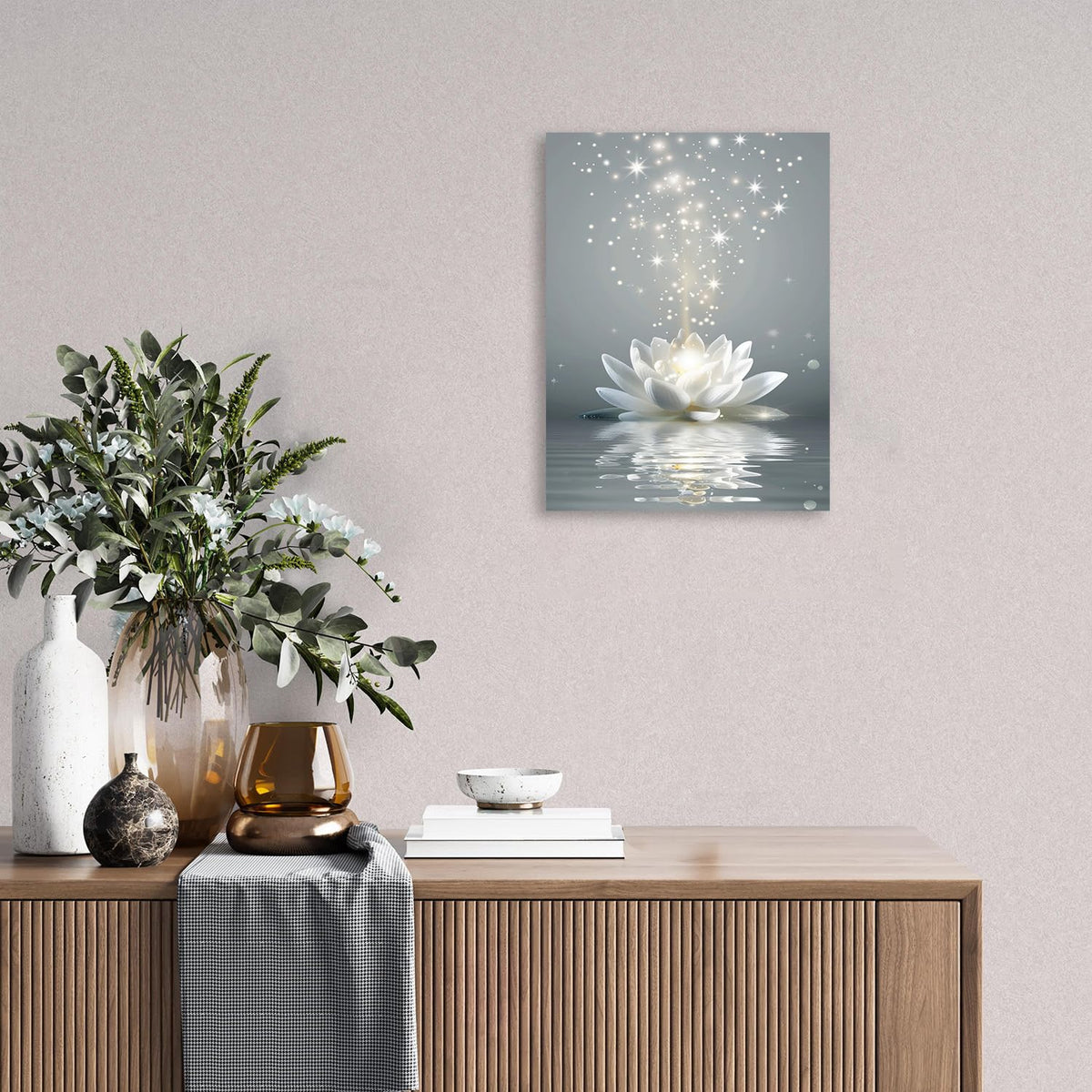 Framed White Lotus Flower Wall Art for Living Room (24"L x 16"W / Lotus03)
