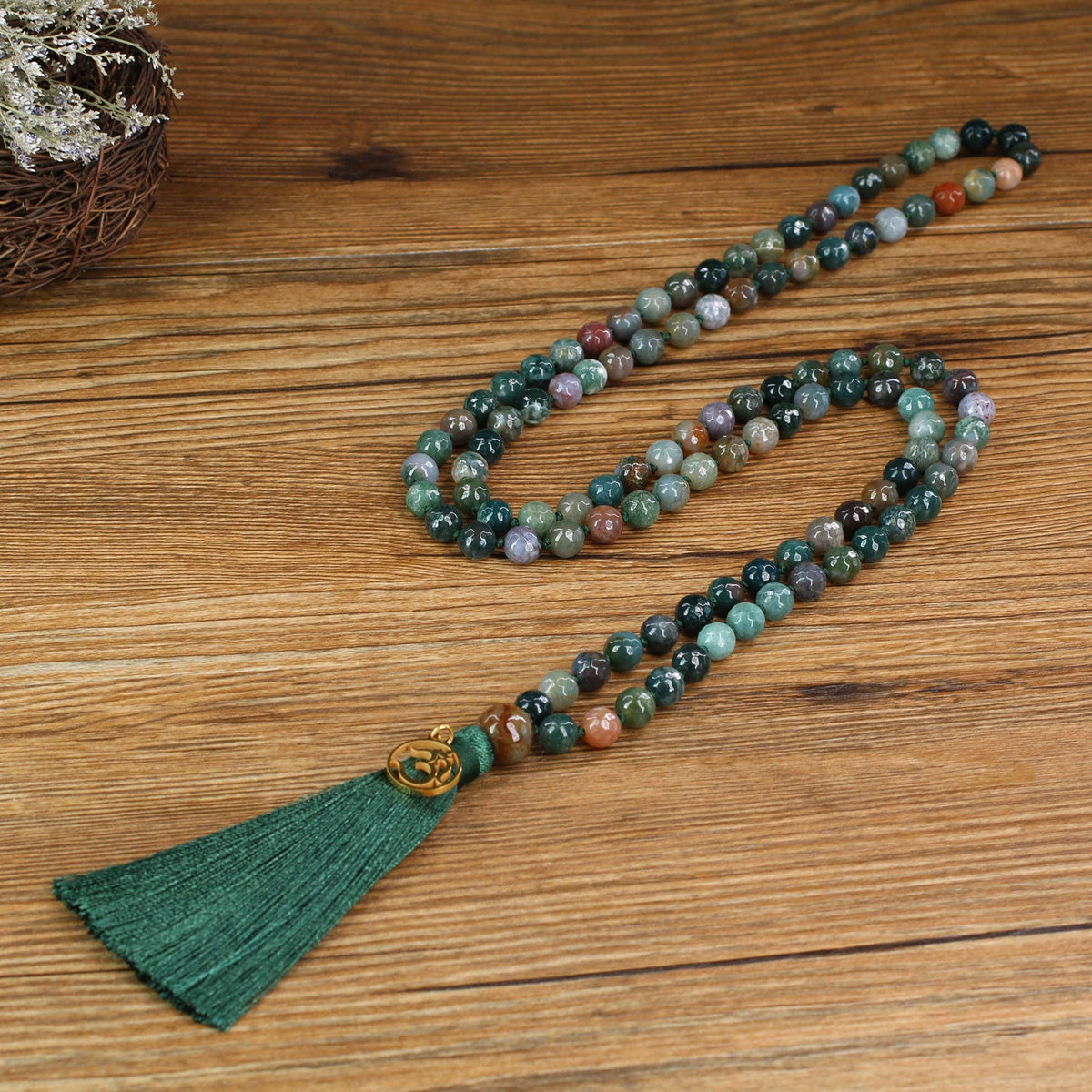 OM Charm Hand Knotted Tassel India Agate 108 Mala Beads Necklace 8mm (8mm / Faceted India Agate)