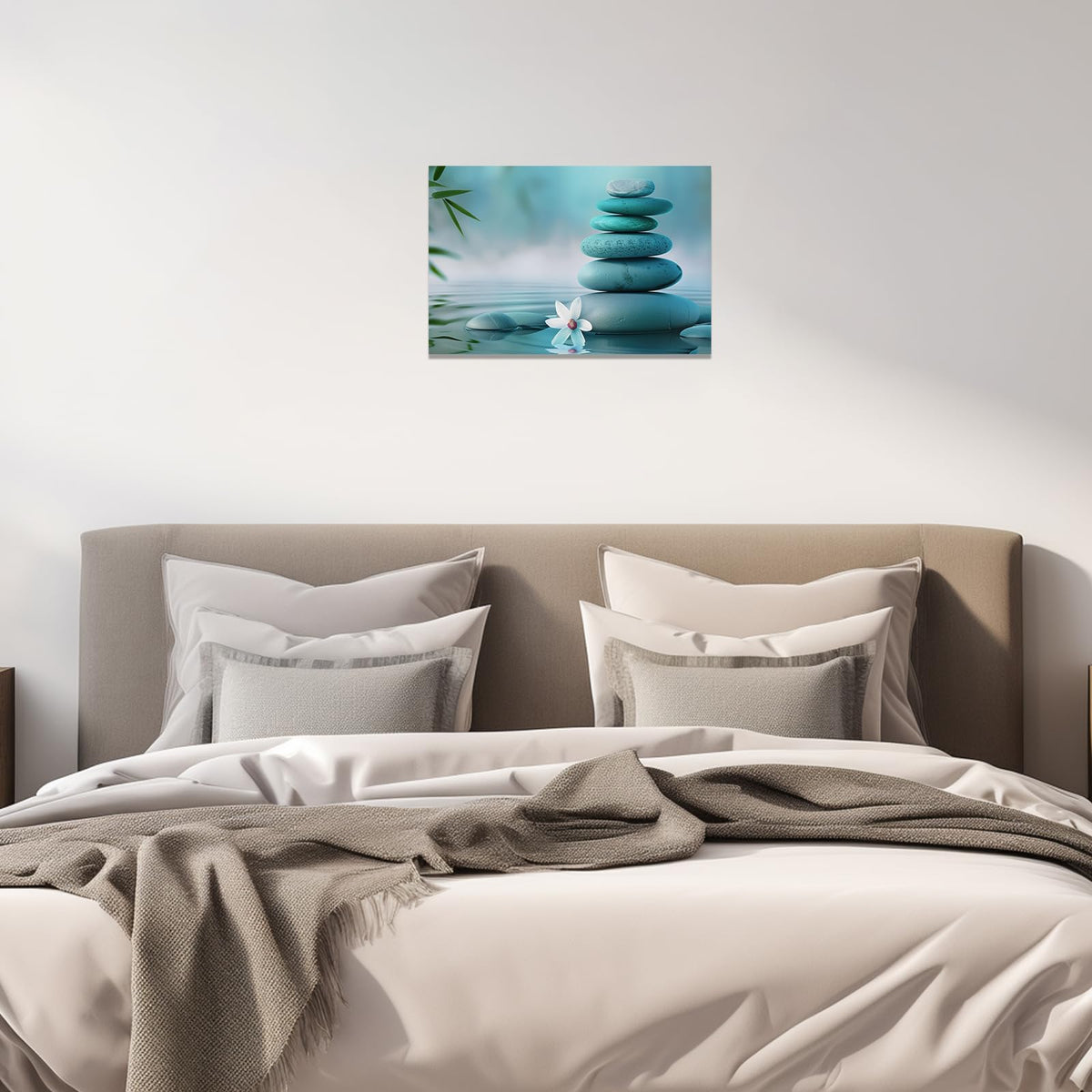 Zen Canvas Wall Art Teal Wall Decor Spa Water Pictures Zen Stone Bathroom Decor White Flowers Prints for Meditation Yoga Spa Artwork Framed (12"L x 18"W)