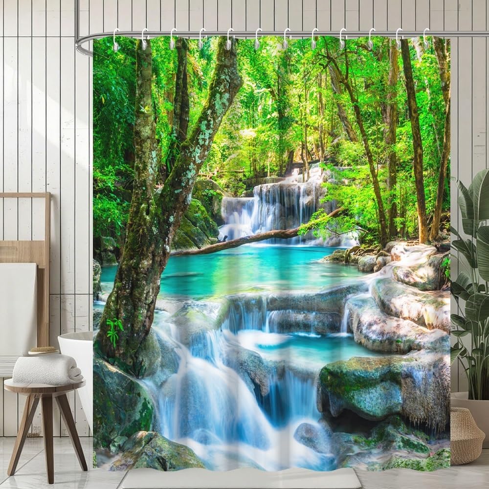 60x72inch Waterfall Shower Curtain Tropic Landscape Stream Flowing Over Rocks in Forest Woodland Nature Scenery Bathroom Set Spring Summer Green Plant Bath Curtain Fabric Polyester with Hooks (60"W x 72"L (Pack of 1) / Green04)