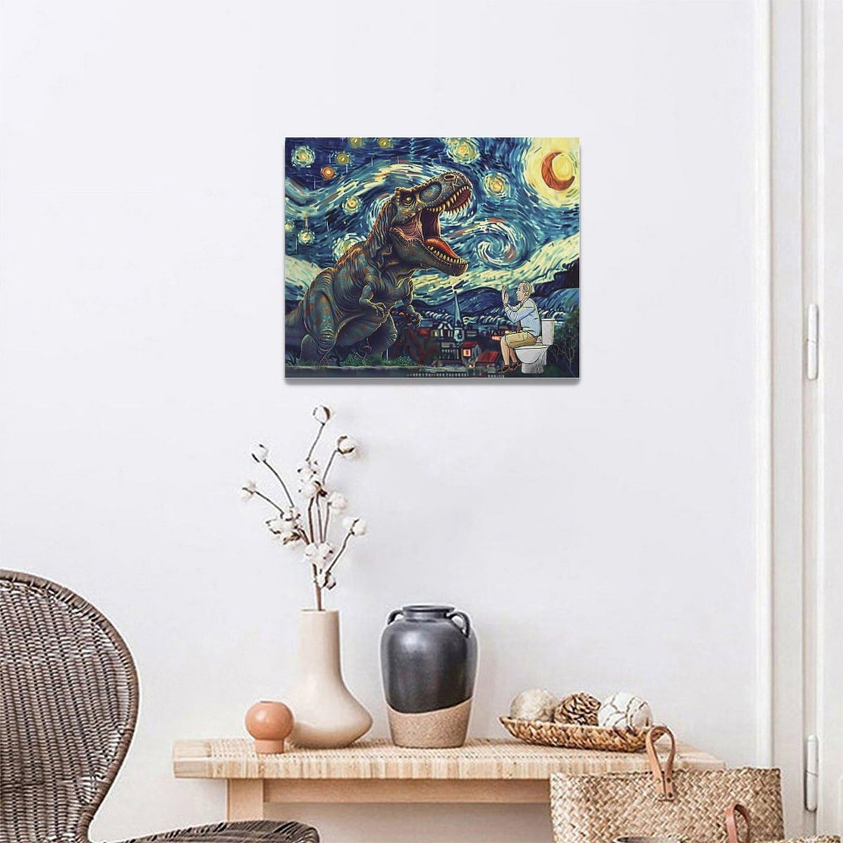Dinosaur Bathroom Wall Art Starry Night Funny Bathroom Pictures Wall Decor Dinosaur Canvas Painting Print Home Modern Artwork Decorations Framed for Bathroom Living Room Bedroom Office 20 x 16 inch (20"L x 16"W / Dinosaur)