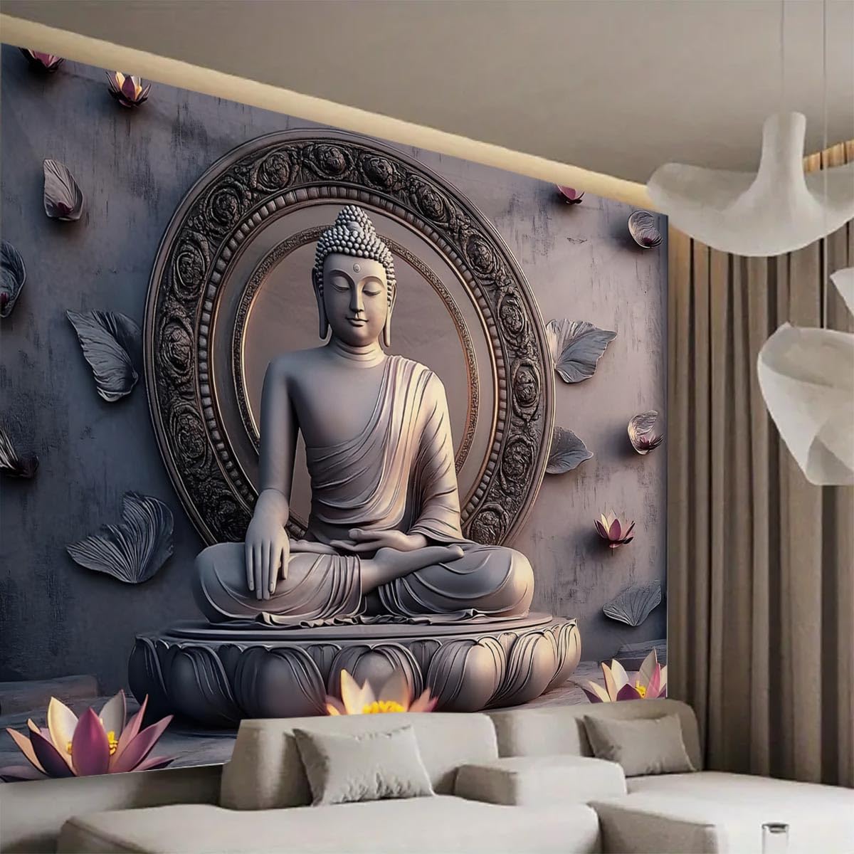Vintage Sitting Buddha Tapestry Wall Hanging Buddhist Statue Tapestries Lotus Meditation Wall Decor Psychedelic Indian Zen Art for Bedroom Living Room Home Decor (Grey2 / 59"L x 51"W)