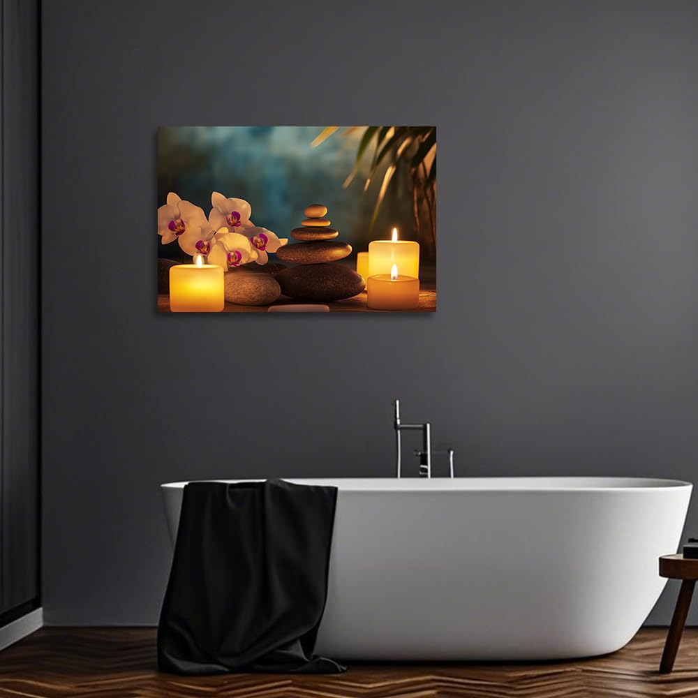 YMXHUANSH SPA Wall Art Decor Candles Canvas Print Orchids & Stones Zen Bathroom Artwork for Yoga Room Bedroom Massage Studio 16x24inch (Orange / 16"x24")