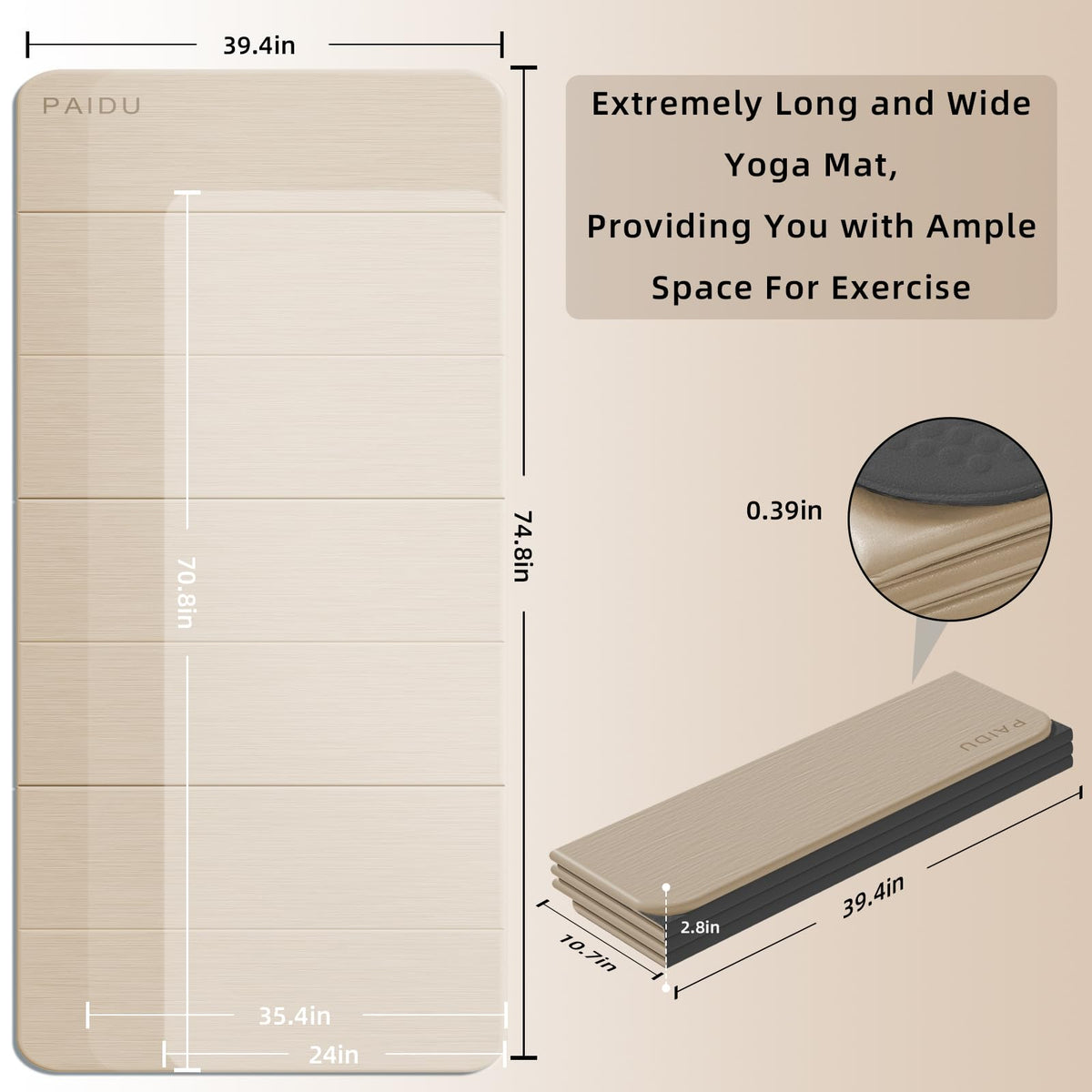 Foldable Yoga Mat 10MM Thick 75‘’x40‘“ Quick Fold Easy Storage (Beige+Black)