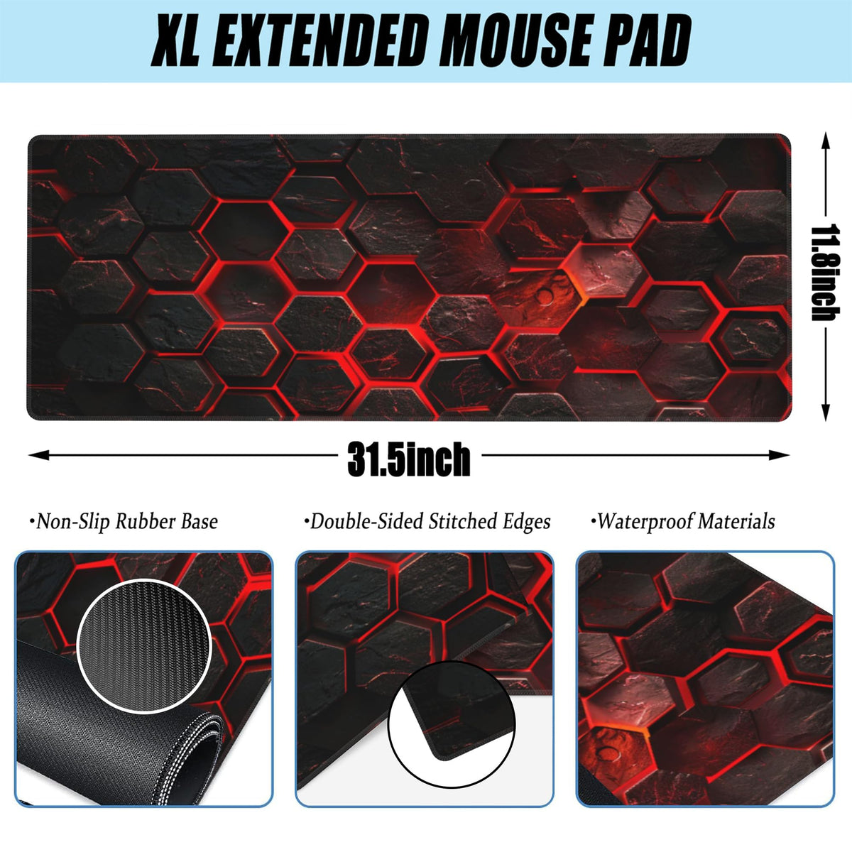 Large Gaming Mouse Pad for Desk (11.8" x 31.5" / Red Honeycomb Science Technology)