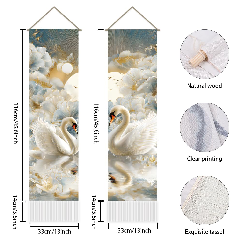 2Pcs Swan Wall Tapestry Lovers Swan Art Wall Hanging Decor Gilded Floral Vertical Long Tapestry Home Decor for Bedroom Living Room Home Office Decoration (white-swan)