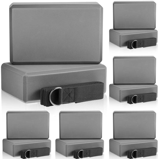 18 Pcs Yoga Blocks and Strap Set Include 12 EVA Foam Yoga Blocks Bulk 9"x6"x3" with 6 Adjustable 8 ft Straps D Ring Non Slip Props for Stretching Pilates Workout Studio Home Gym (Grey)