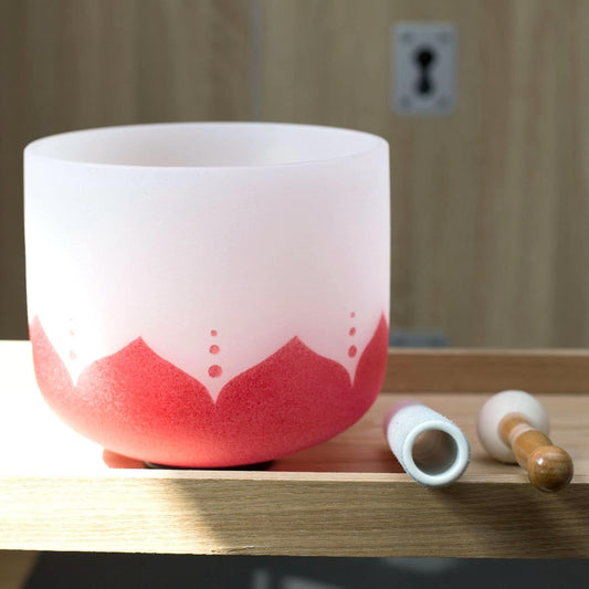 8" White Lotus Design C Note 432 hz Root Chakra Quartz Crystal Singing Bowl with Heavy Duty Carrying Case Suede Striker (C Note, 8" Red Lotus)