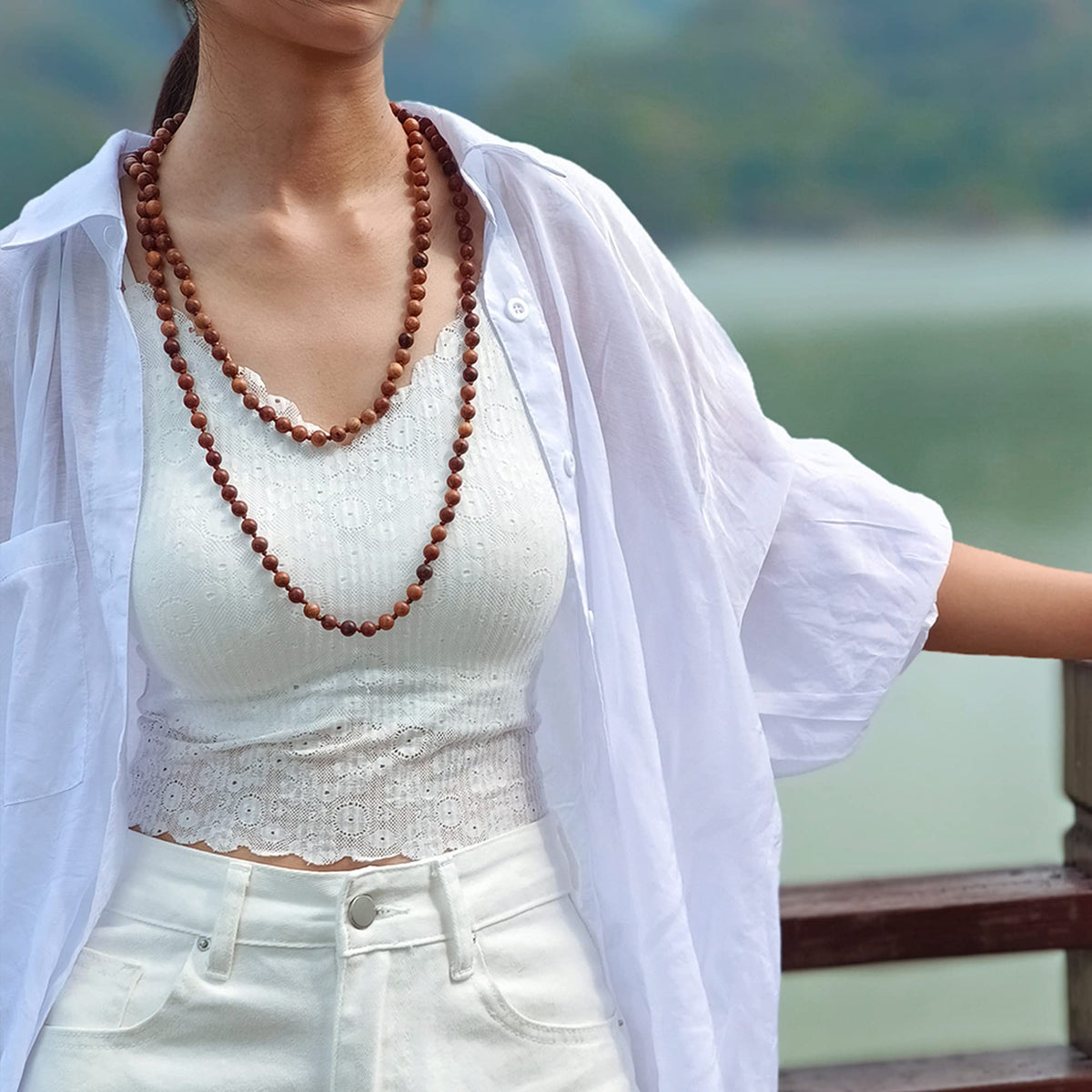 Fashion Natural Round Wood Beads 60'' Long Strand Art Deco Necklace for Women (B)