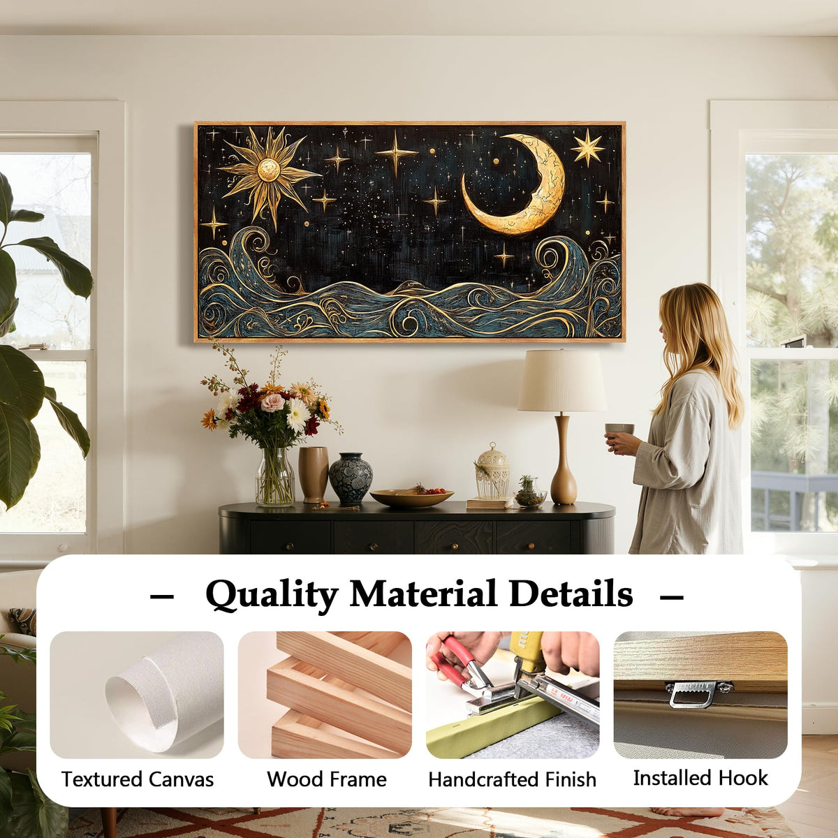 Sun Moon Celestial Large Framed Wall Art Witchy Decor Navy Gold (Sun and Moon / 48"L x 24"W)