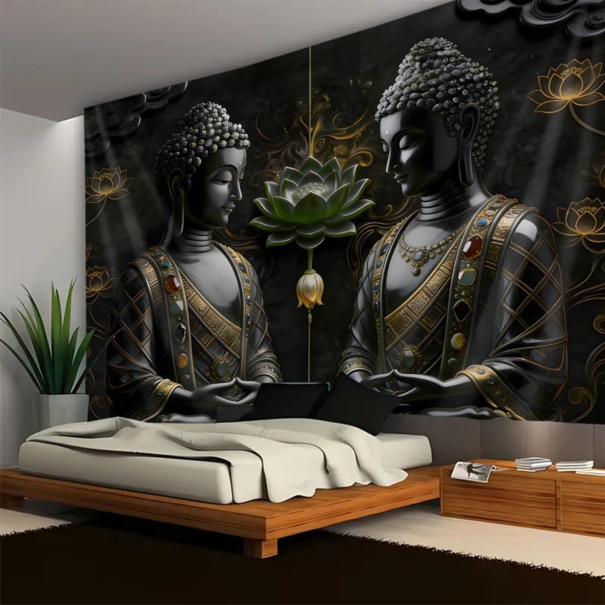 Black Vintage Sitting Buddha Tapestry Wall Hanging Buddhist Statue Tapestries Green Lotus Meditation Wall Decor Psychedelic Indian Zen Art for Bedroom Living Room Home Decor (Black2 / 59"L x 51"W)