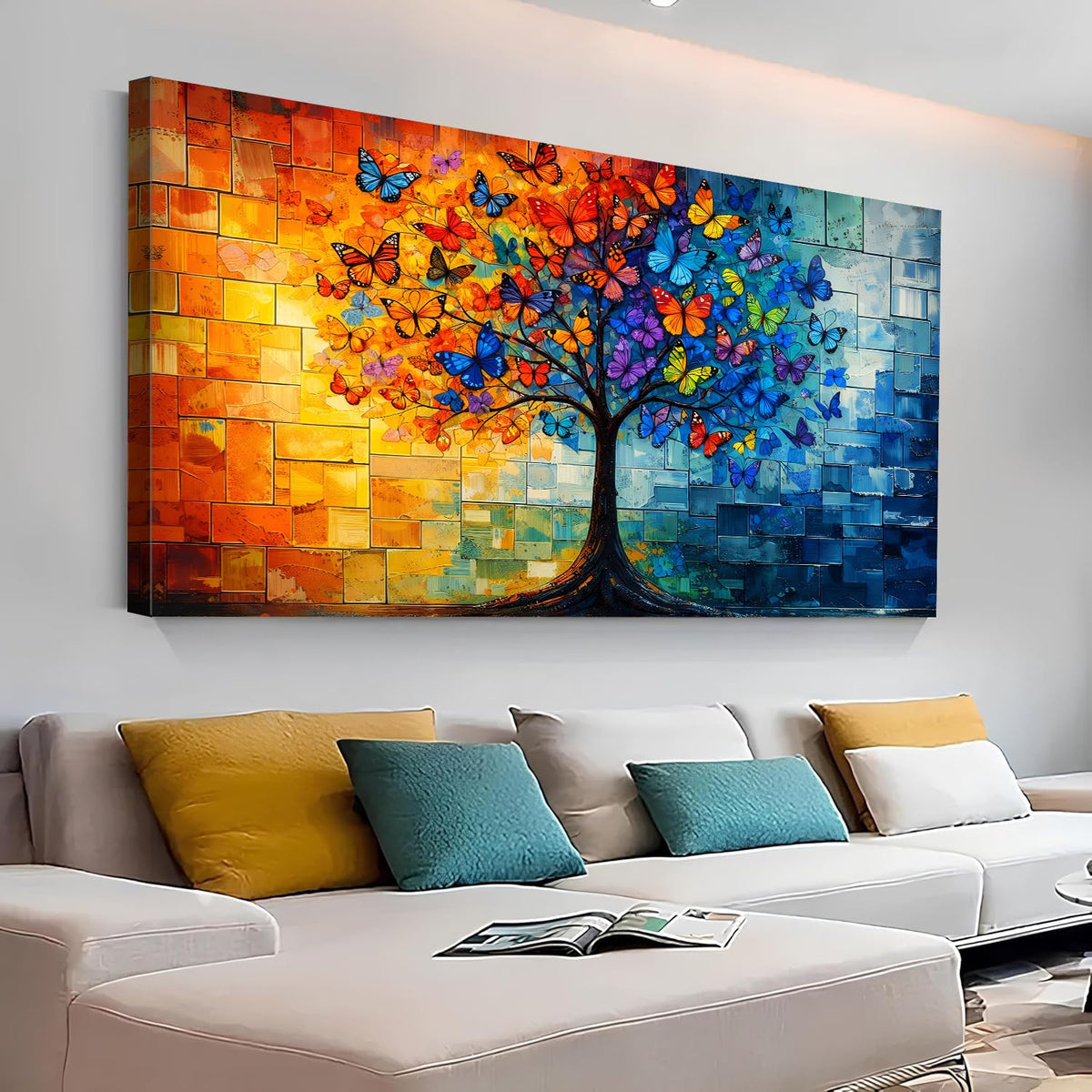 Colorful Butterfly Trees Wall Art Tree of Life Picture Wall Decor Large Living Room Wall Decoration (60"L x 30"W / Tree of Life)