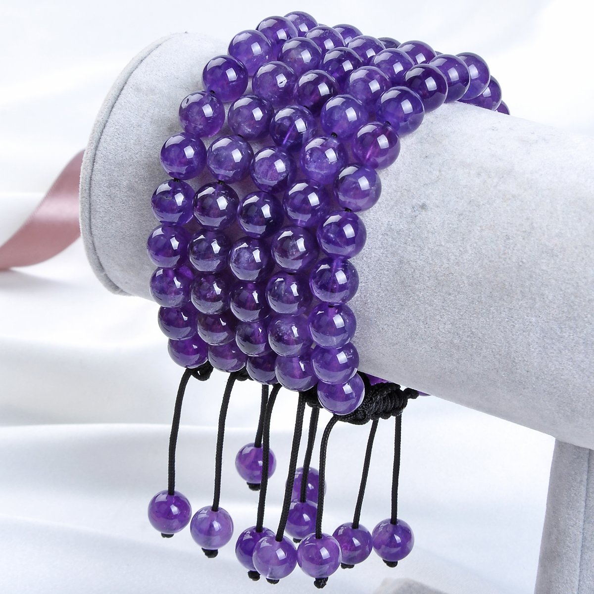 6mm Natural Healing Power Gemstone Crystal Round Adult Beads Unisex Adjustable Macrame Bracelets (Natural Amethyst / 6mm)
