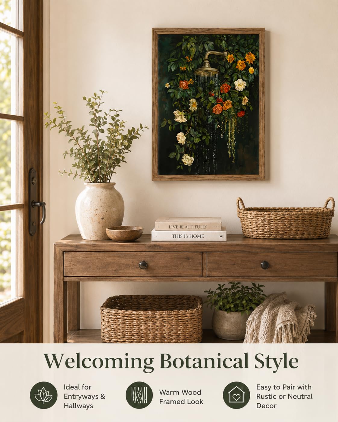 Wood Framed Funny Botanical Bath Wall Art Vintage Shower Floral Wall Decor (Floral / 16"L x 24"W)